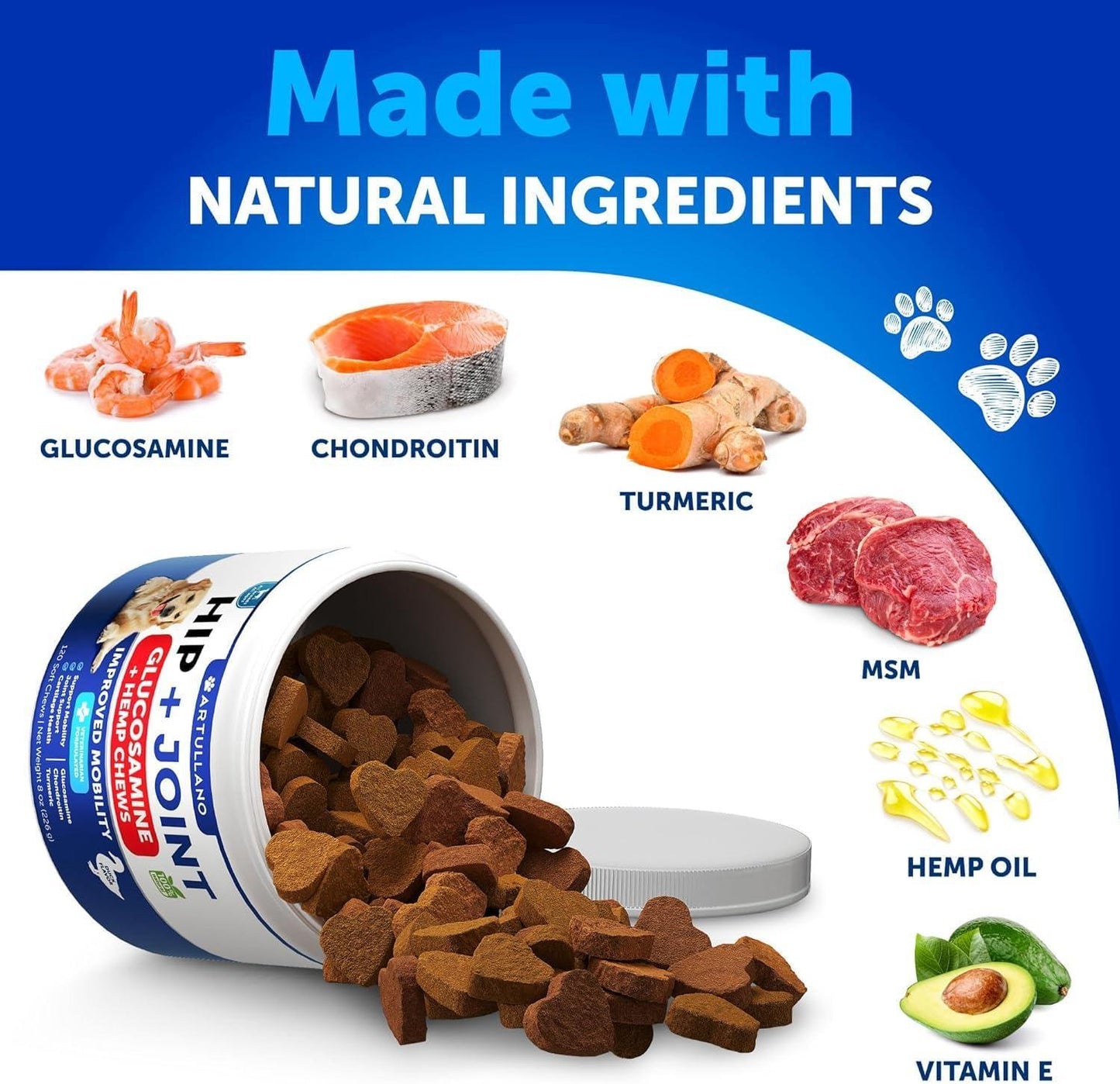Artullano Hemp Hip and Joint Supplement with Glucosamine for Dogs 120 Chews For Pet With Love