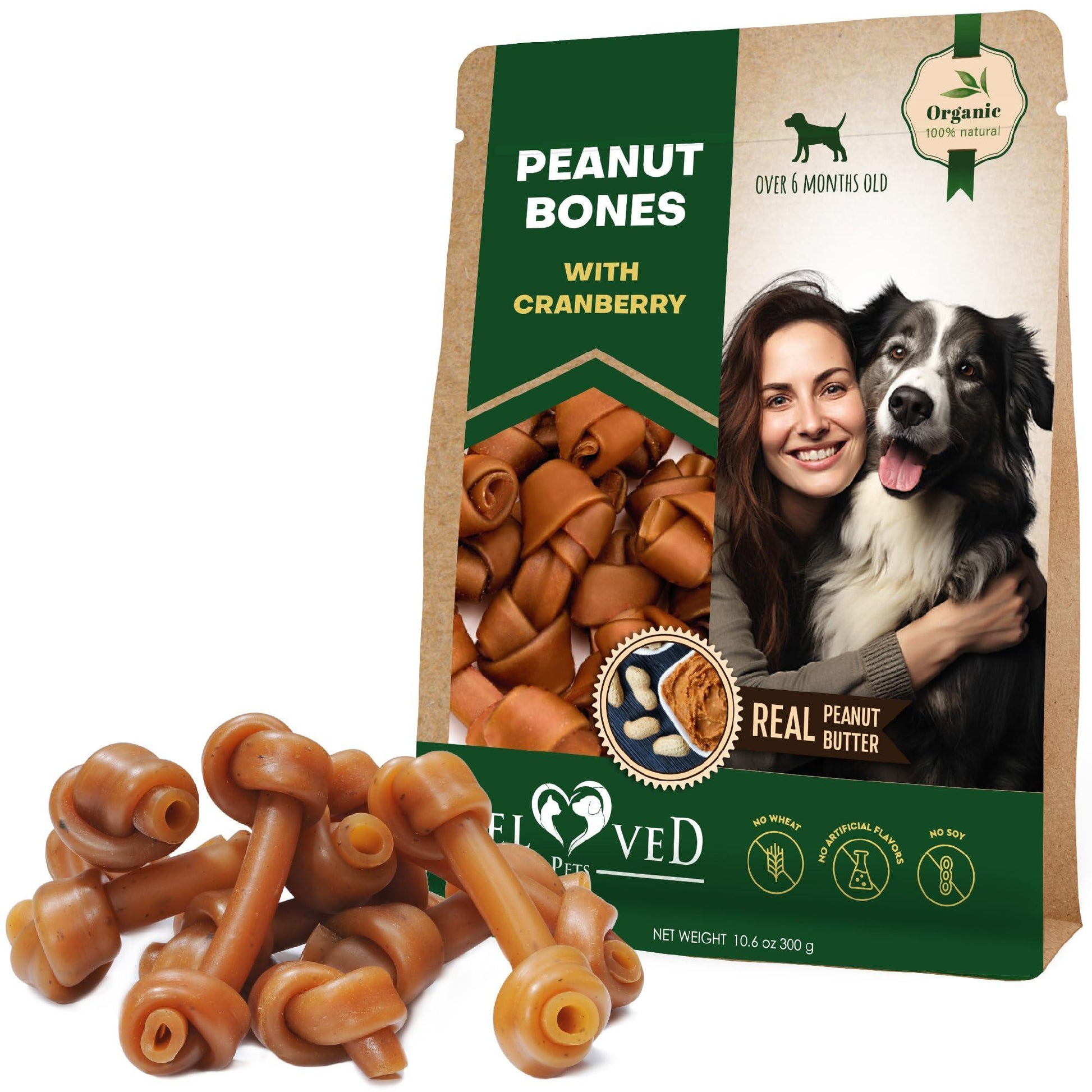 Beloved Pets Peanut Butter Bones with Cranberry Rawhide Free Dog Treats 10.6 Oz For Pet With Love