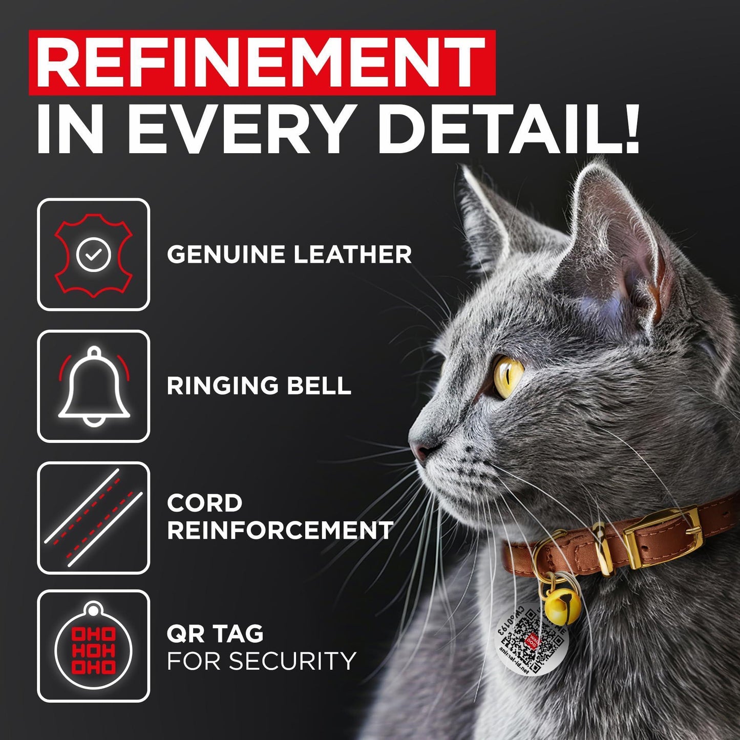 WAUDOG Leather Cat Collar with Removable Bell and QR ID Tag. BROWN. MEDIUM For Pet With Love