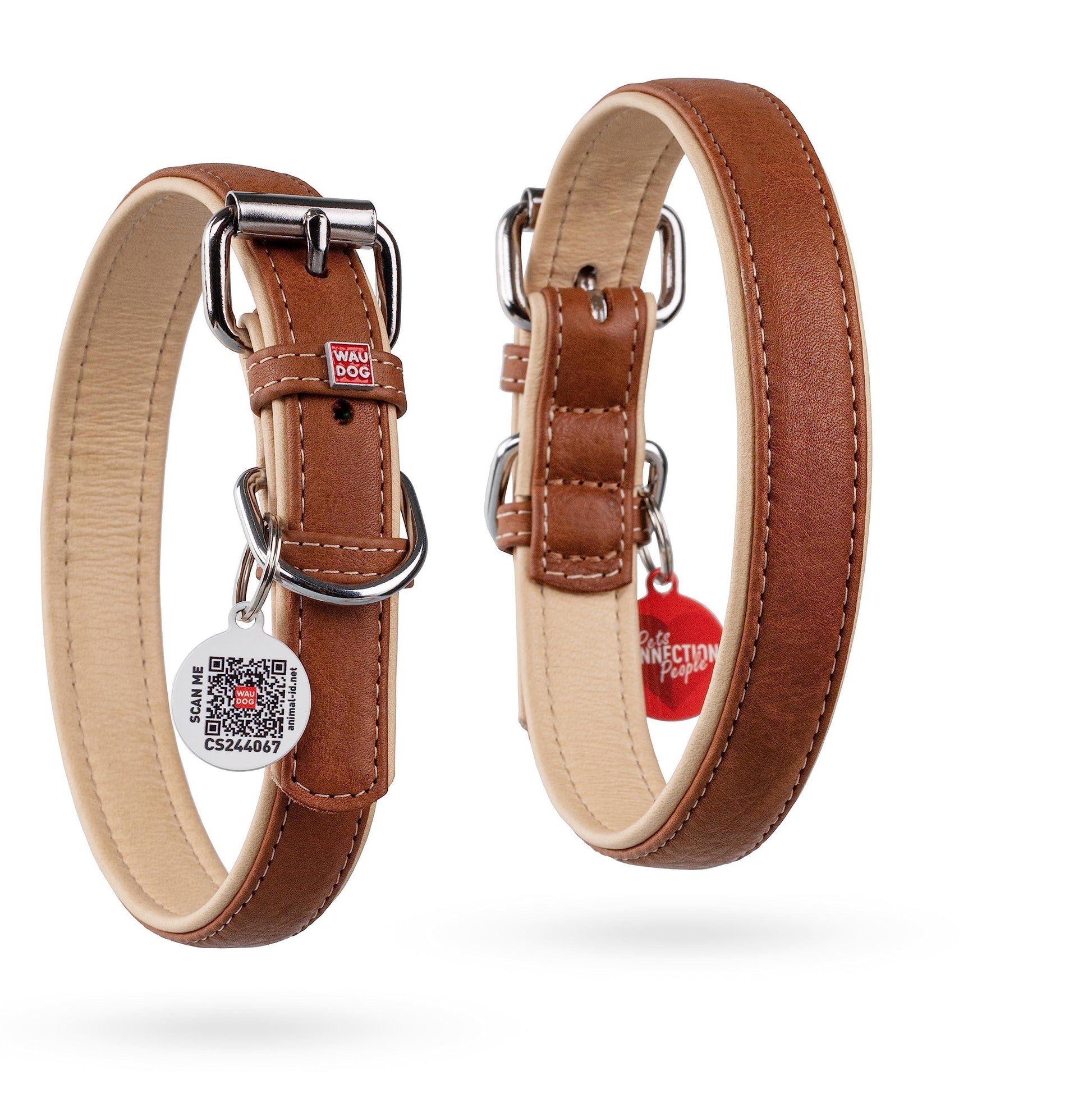 WAUDOG Leather Dog Collar with Durable Buckle and QR Dog Tag BROWN SMALL For Pet With Love