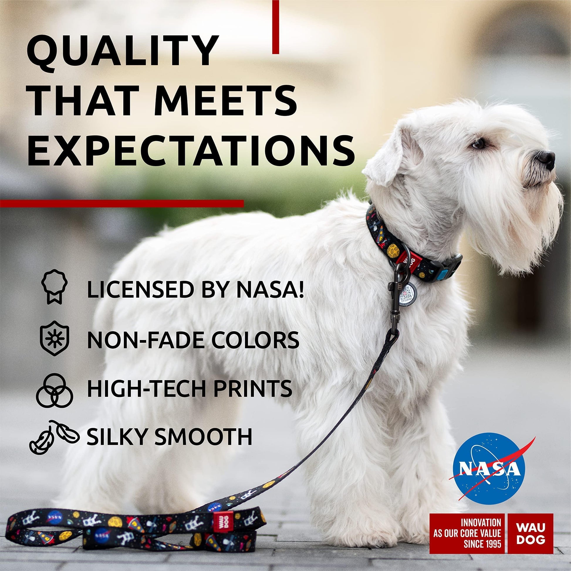 WAUDOG Adjustable Nylon Dog Collar with Durable Plastic Buckle and QR Dog Tag. MEDIUM (NASA-1 Print) For Pet With Love