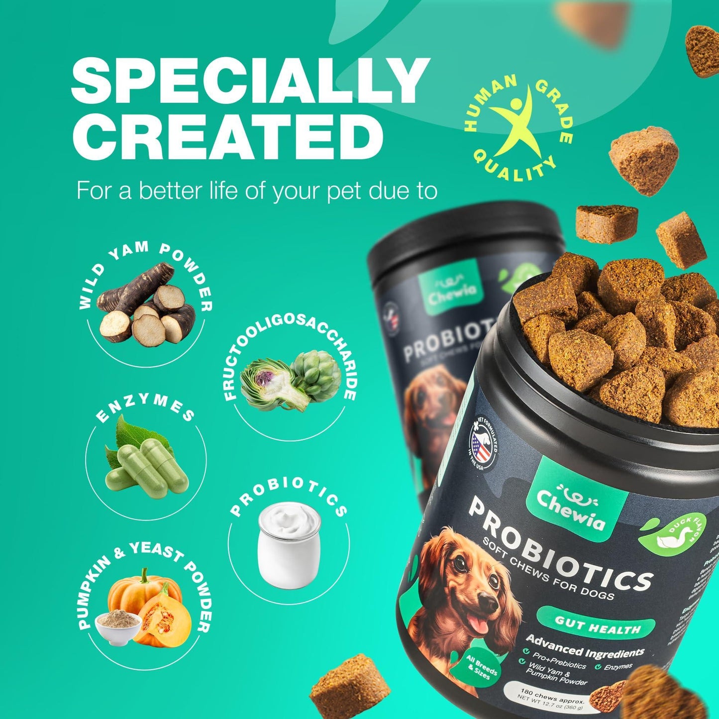 CHEWIA Dog Probiotic Chews with Digestive Enzymes, Pumpkin and Yeast Powder for Gut Health, Digestion Immunity, Yeast Balance, Itchy Skin Allergies Support. 180 Chews. For Pet With Love
