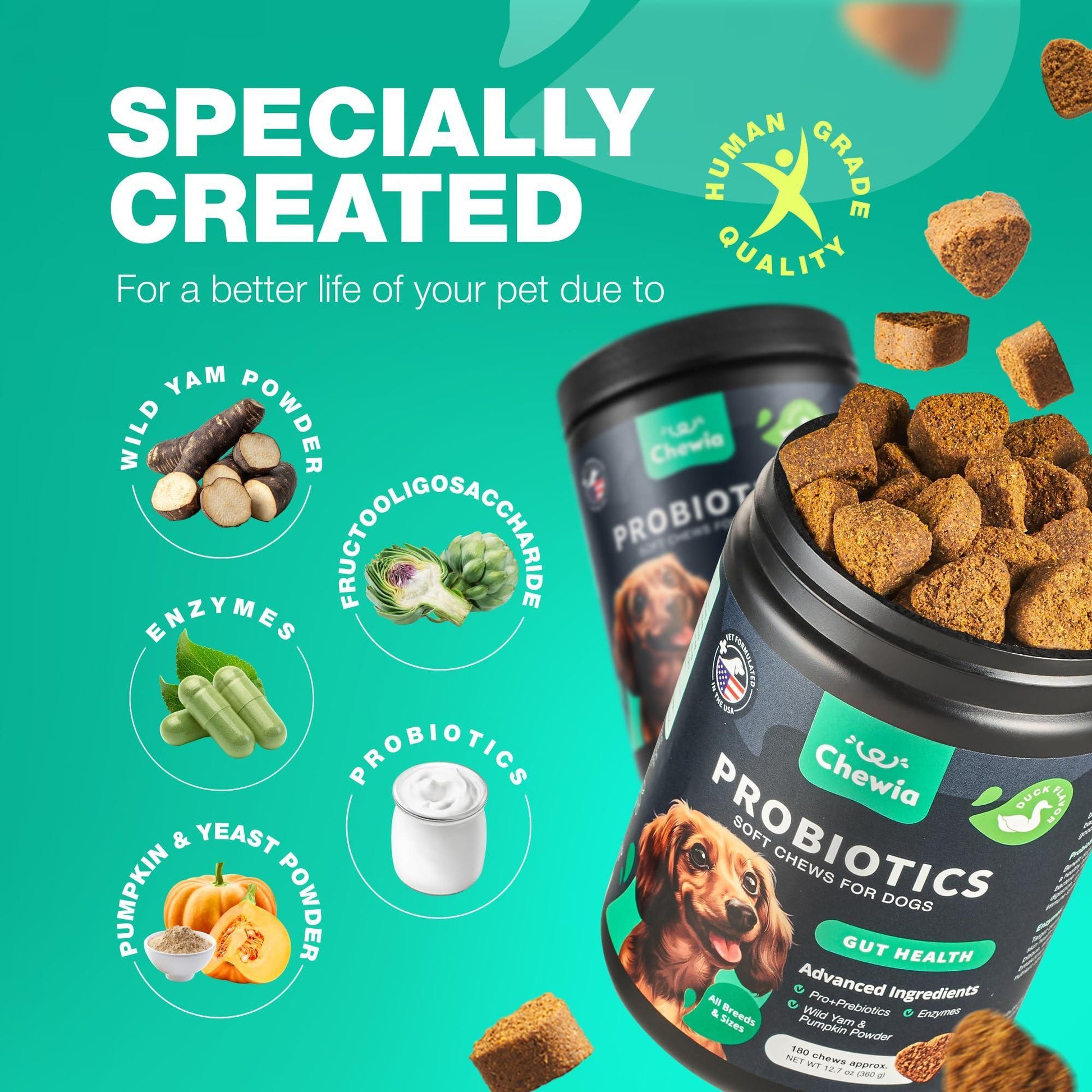 CHEWIA Dog Probiotic Chews with Digestive Enzymes, Pumpkin and Yeast Powder for Gut Health, Digestion Immunity, Yeast Balance, Itchy Skin Allergies Support. 180 Chews. For Pet With Love