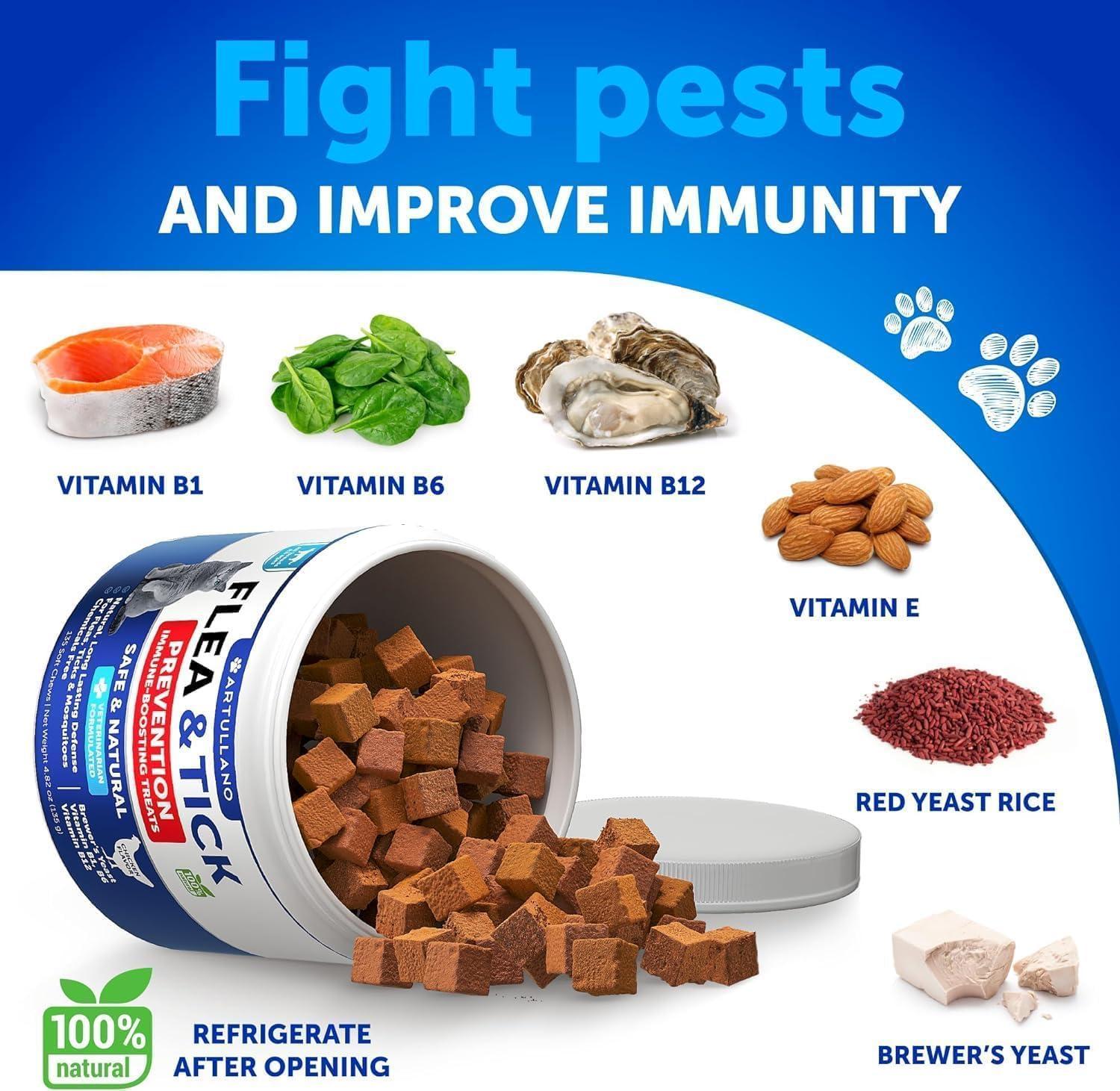 ARTULLANO Natural Flea and Tick Prevention Supplement for Cats. Chewable Daily Oral Pills with Vitamins (135 Soft Chews) Made in USA For Pet With Love