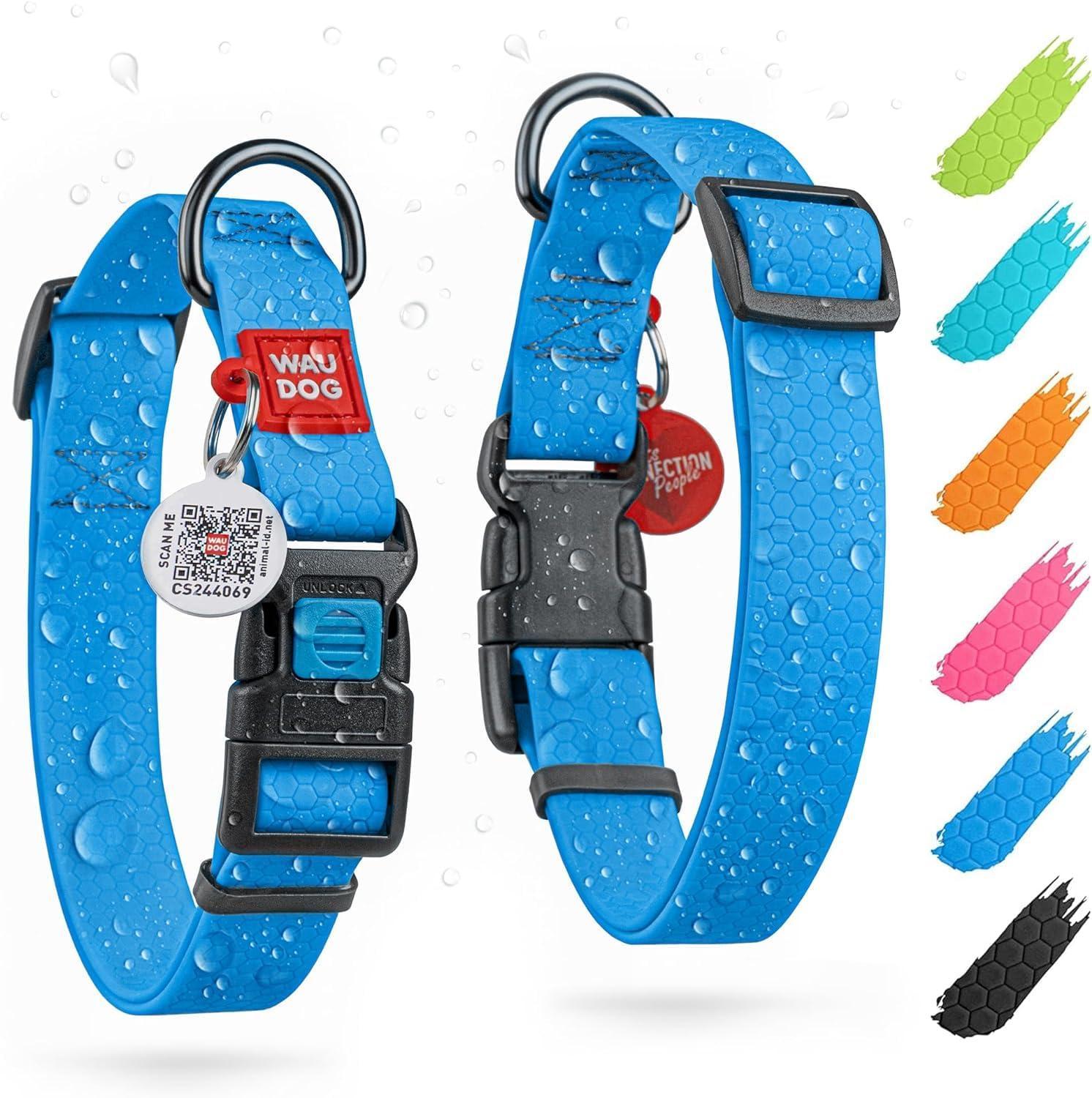 WAUDOG Adjustable Waterproof Heavy Duty Dog Collar with Durable Plastic Buckle and QR Dog Tag. XXLARGE (Blue) For Pet With Love