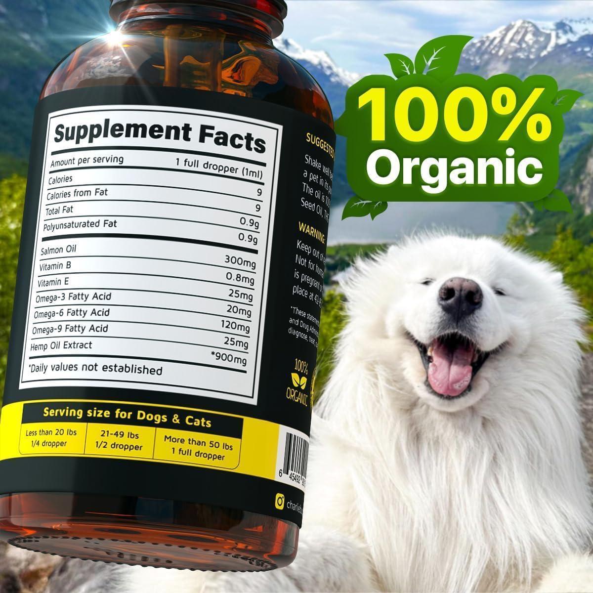 Charlie & Buddy Pet Hemp Oil for Dogs and Cats. Rich in Vitamins B and E. Pet Fish & Hemp Oil for Anxiety and Stress Relief For Pet With Love