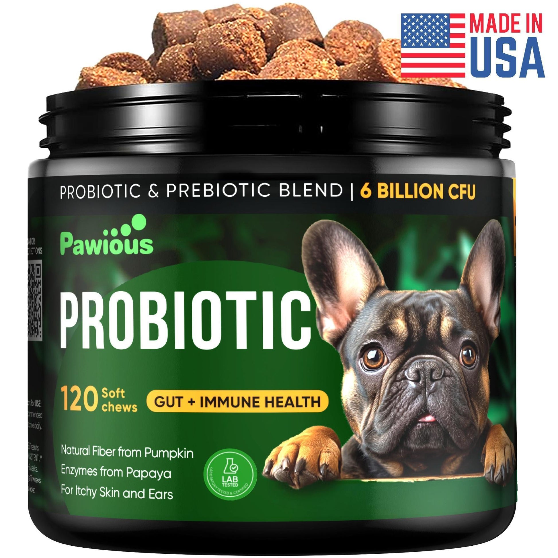 PAWIOUS Probiotics & Enzymes Digestive Health Immune Support for Dogs 120 Chews For Pet With Love