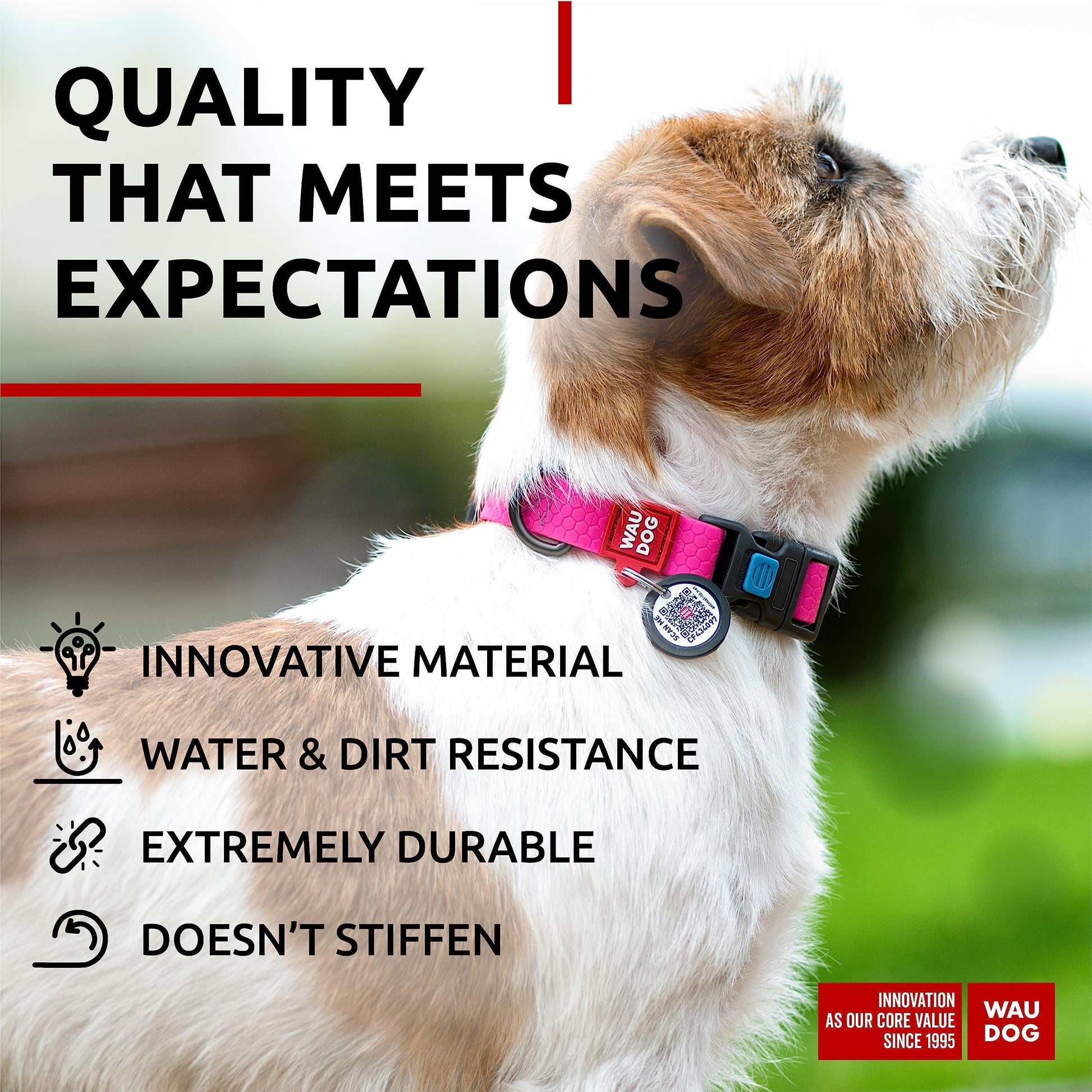 WAUDOG Adjustable Waterproof Dog Collar with Plastic Buckle and QR Dog Tag. PINK. SMALL For Pet With Love