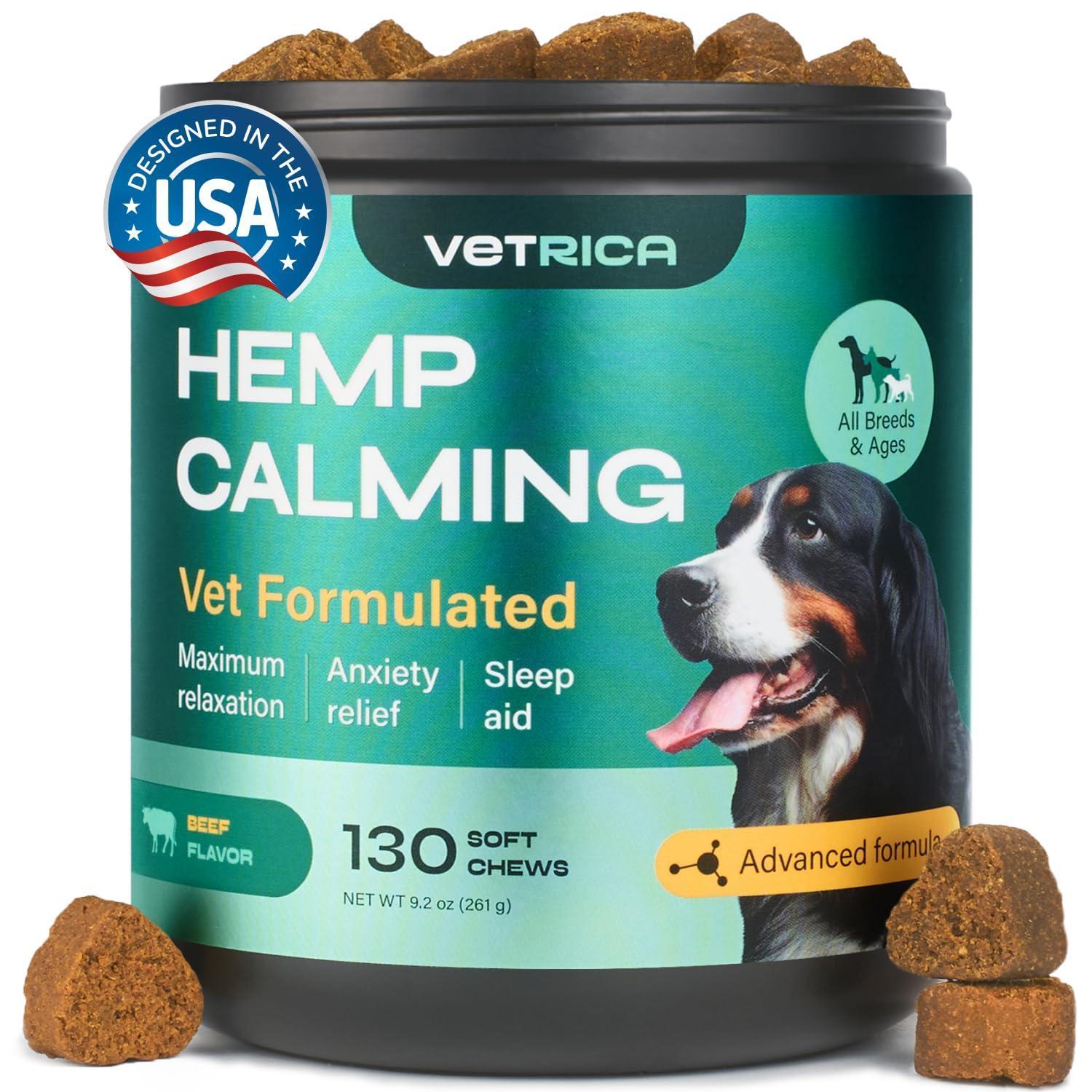 VETRICA Stress Separation, Storms & Anxiety Relief Hemp Calming Chews for Dogs. 130 Chews. Beef Flavor For Pet With Love