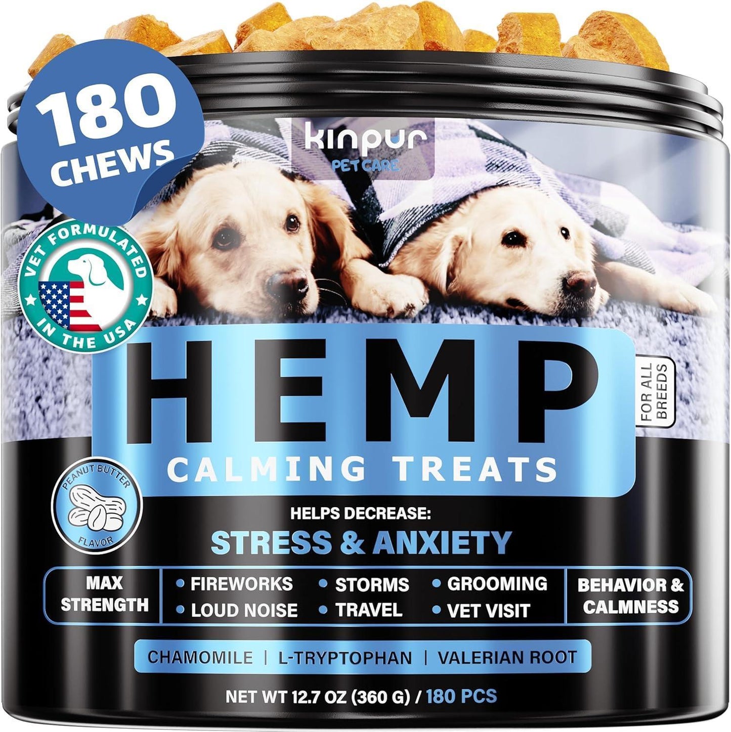 Kinpur Pet Care Calming Chews for Dogs with Hemp Oil  180 Peanut Butter Flavored Chews For Pet With Love