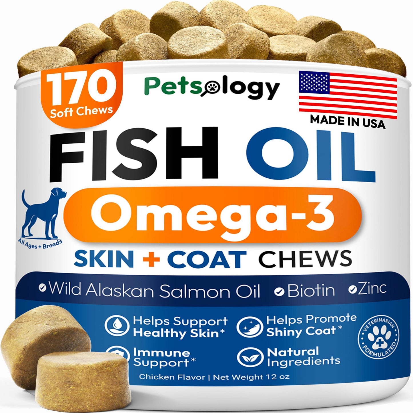 PETSOLOGY Omega 3 Fish Oil Skin & Coat Supplement for Dogs 170 Chews For Pet With Love