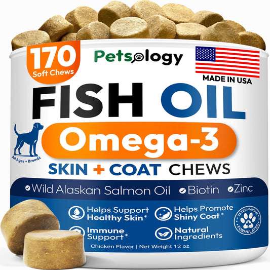 PETSOLOGY Omega 3 Fish Oil Skin & Coat Supplement for Dogs 170 Chews For Pet With Love