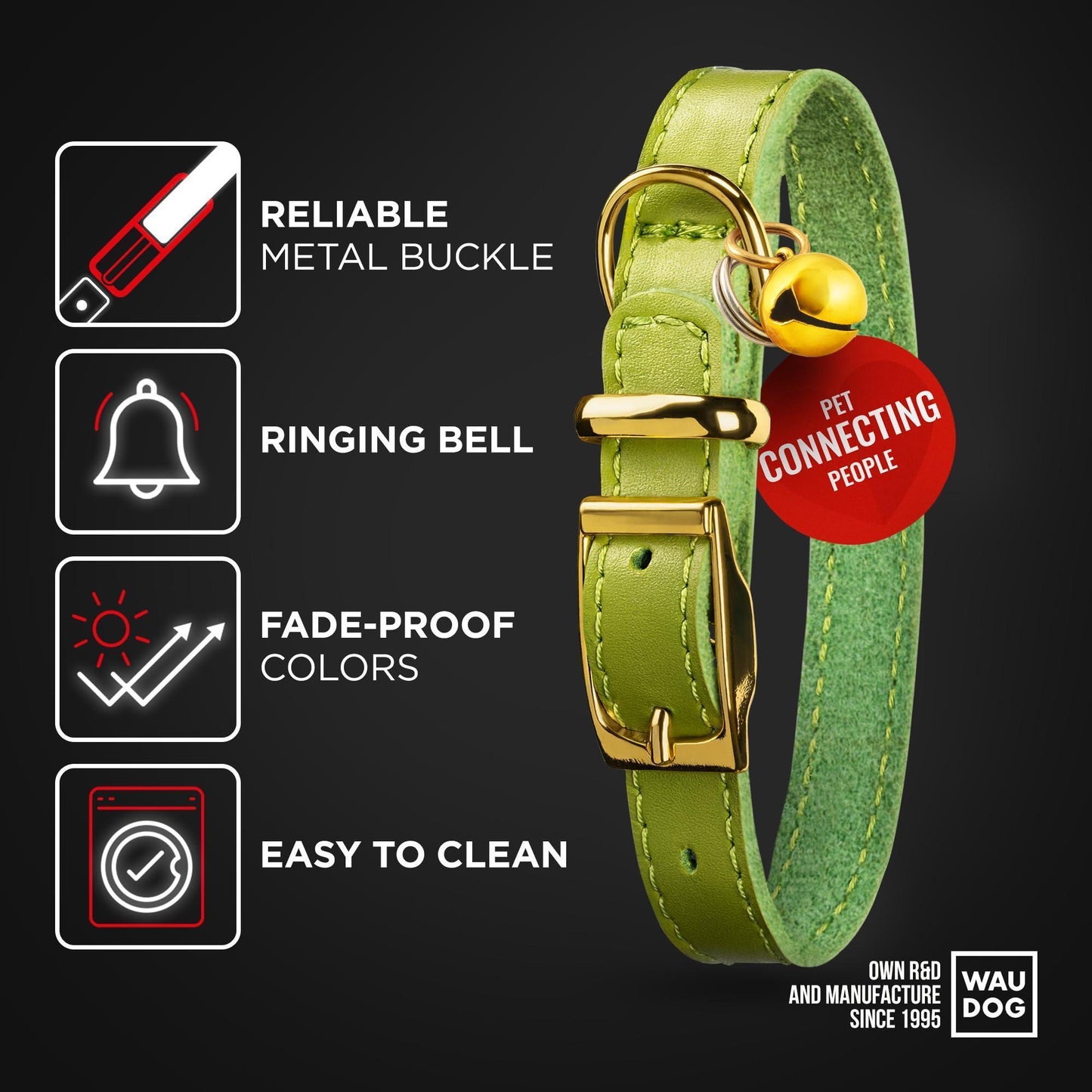 WAUDOG Leather Cat Collar with Removable Bell and QR ID Tag. GREEN. SMALL For Pet With Love