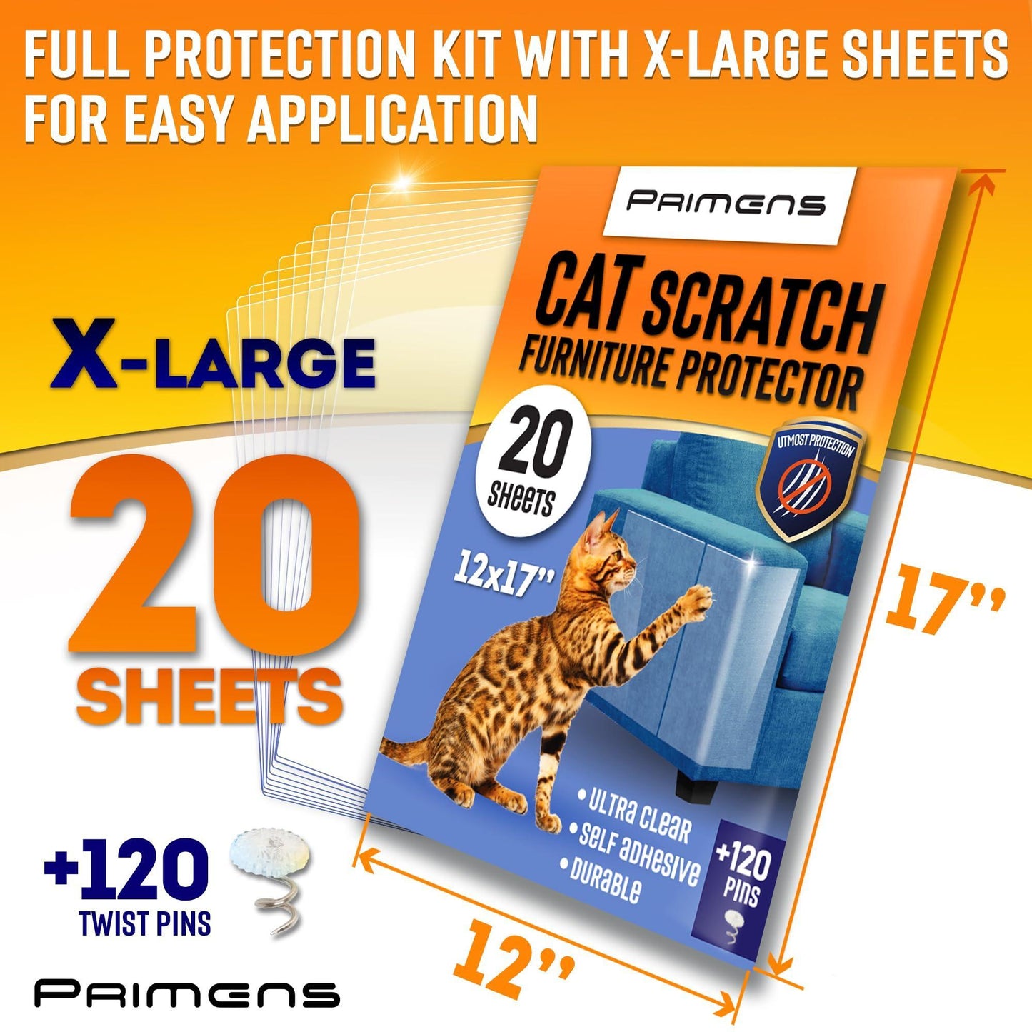 PRIMENS Heavy Duty Clear Cat Scratch Furniture Protectors for Sofas, Doors, Couches. Anti Cat Scratch Tape Guards. 20 Sheets. For Pet With Love