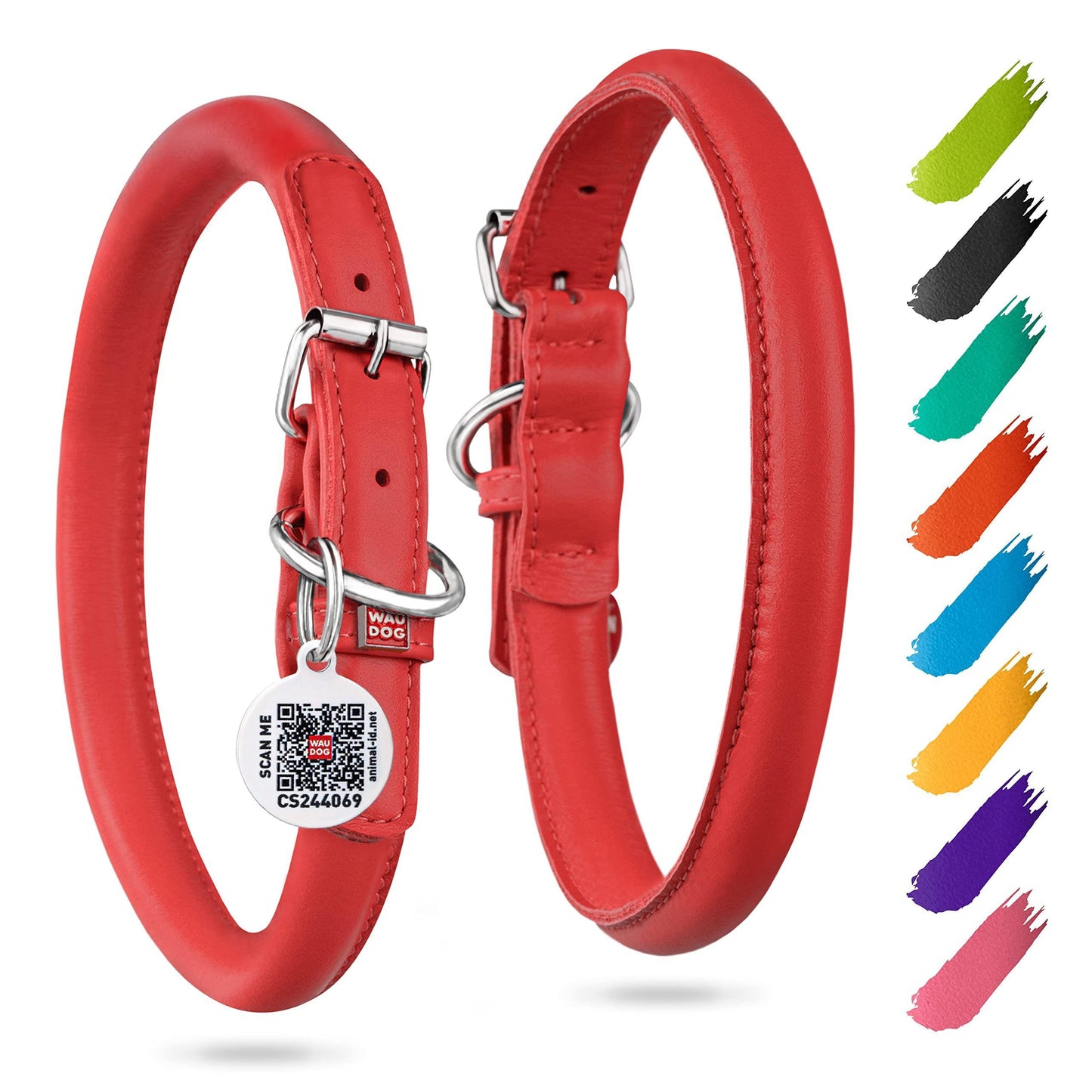 WAUDOG Ultra Soft Rolled Leather Dog Collar RED XLARGE For Pet With Love