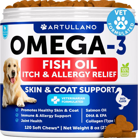 Artullano Omega 3 Fish Oil Itch & Allergy Relief Canine Coat & Skin Support. 120 Soft Treats. Duck Flavor. For Pet With Love