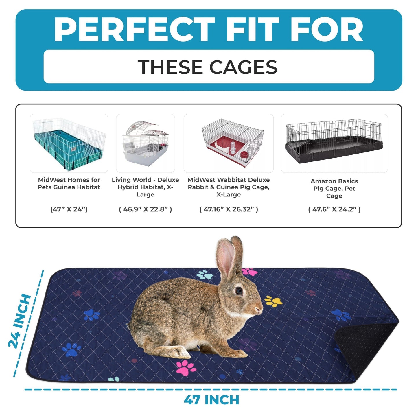 LUFTPETS Washable Cage Liner for MidWest Small Animal Habitats. Fast Drying, Leakproof & Absorbent. 24"X47" - BLUE For Pet With Love