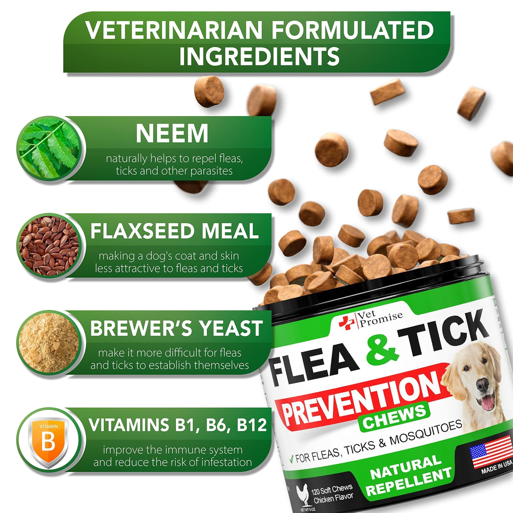 Vet Promise All Natural Flea and Tick Prevention Treatment for Dogs. 120 Chews. Chicken Flavor For Pet With Love