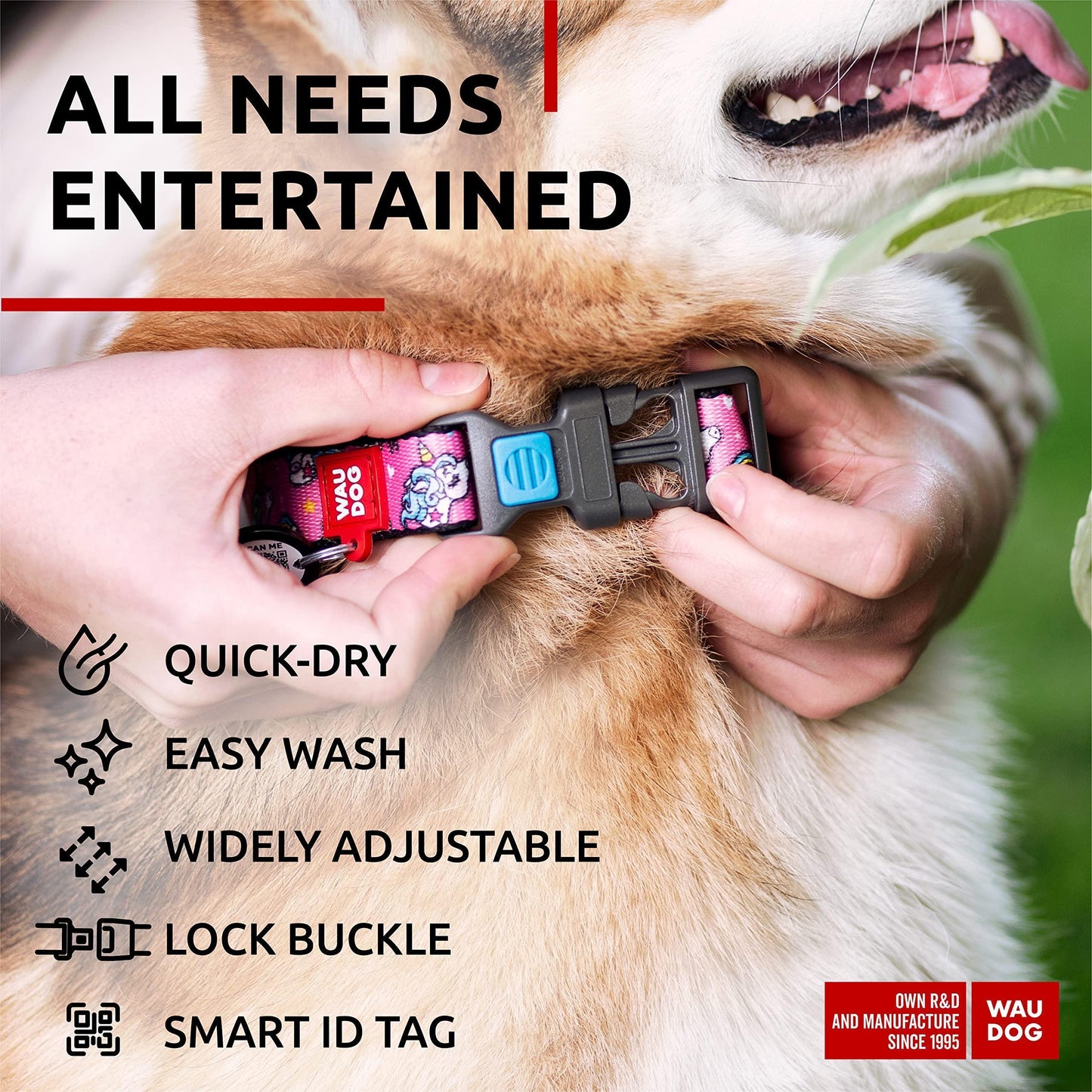 WAUDOG Adjustable Nylon Dog Collar with Durable Plastic Buckle and QR Dog Tag. UNICORNS. MEDIUM For Pet With Love
