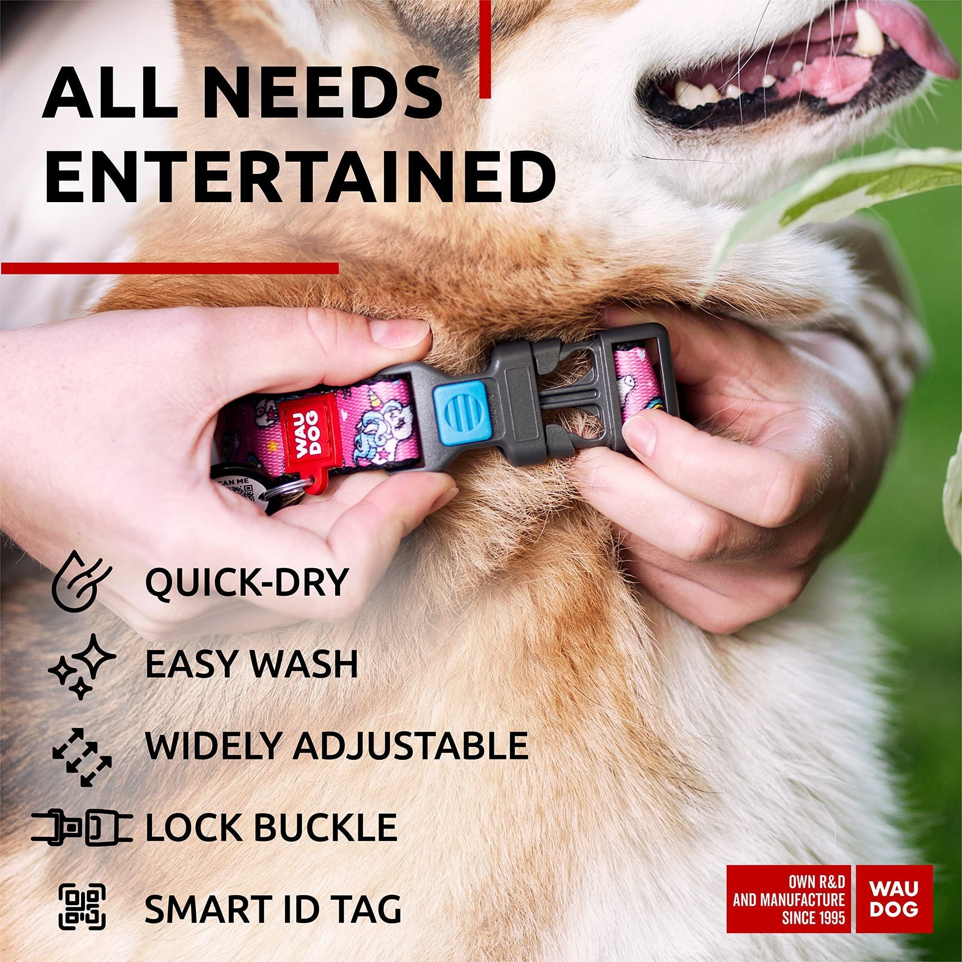 WAUDOG Adjustable Nylon Dog Collar with Durable Plastic Buckle and QR Dog Tag. UNICORNS. MEDIUM For Pet With Love