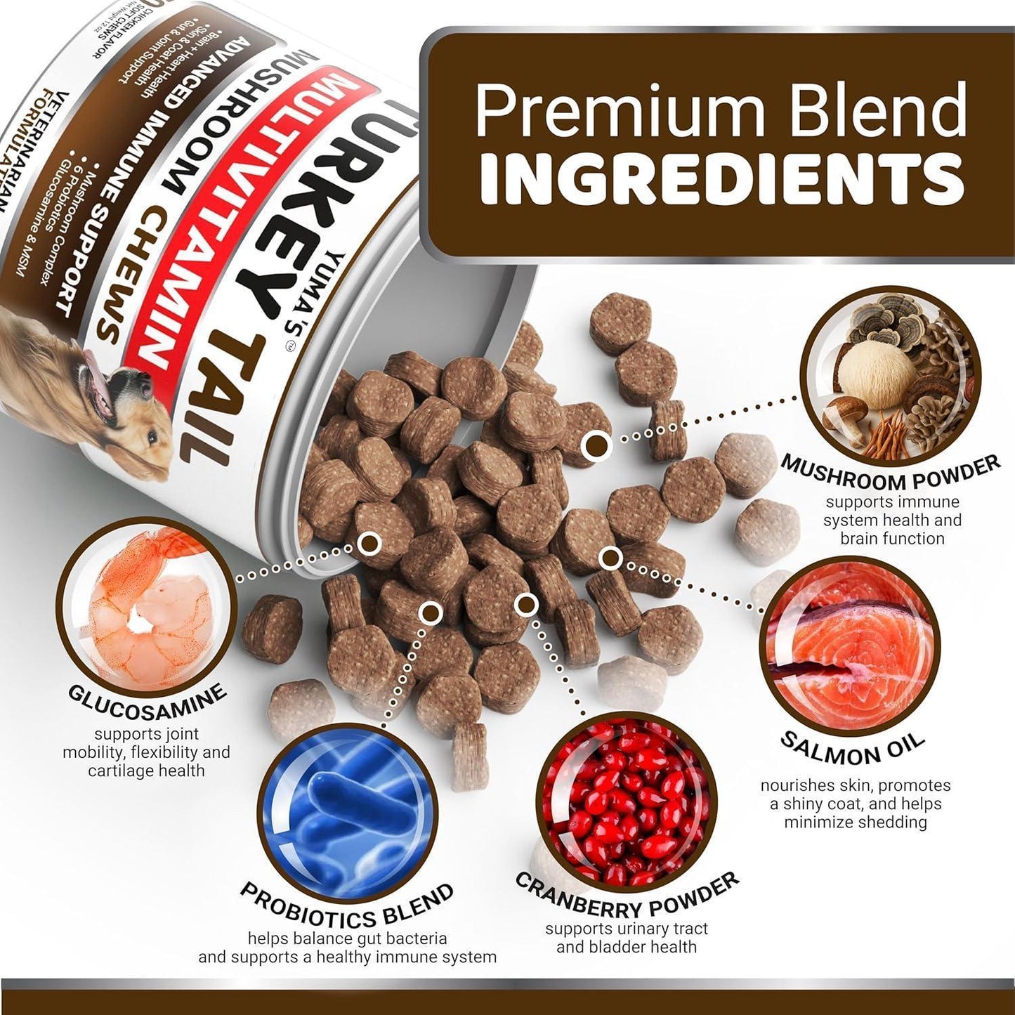 YUMA'S Turkey Tail Mushroom Dog Vitamins and Supplements for Dogs. 170 Chews For Pet With Love
