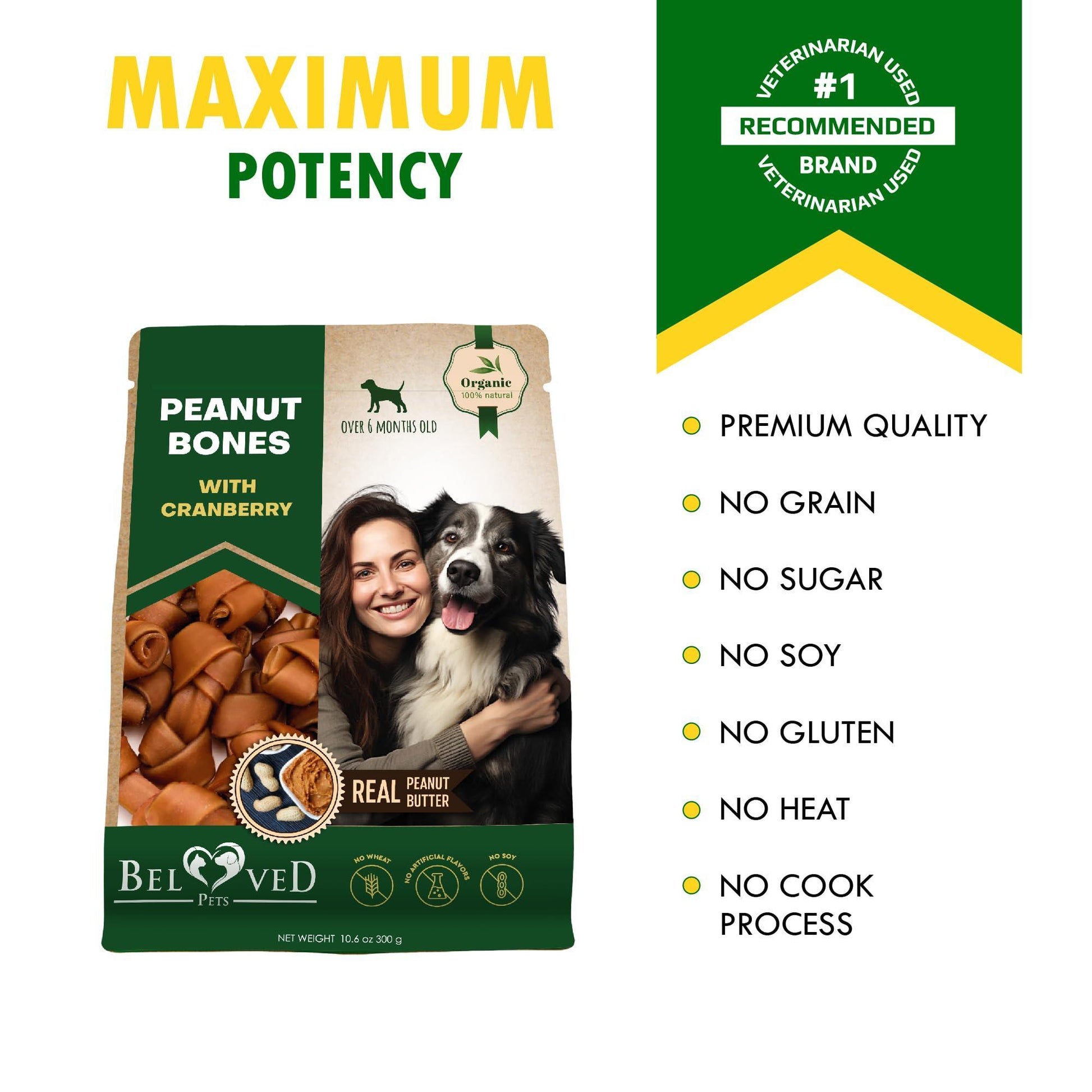 Beloved Pets Peanut Butter Bones with Cranberry Rawhide Free Dog Treats 10.6 Oz For Pet With Love