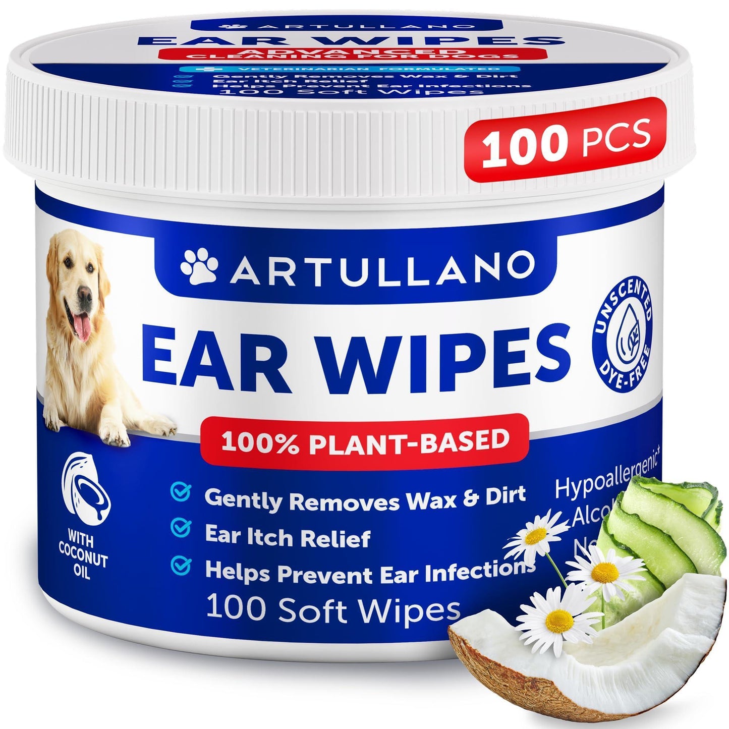 Artullano Itch Relief Soft Soothing Ear Cleaner Wipes for Dogs and Puppies. 100% Plant Based, Unscented, Dye Free with Coconut Oil. 100 Ct. For Pet With Love