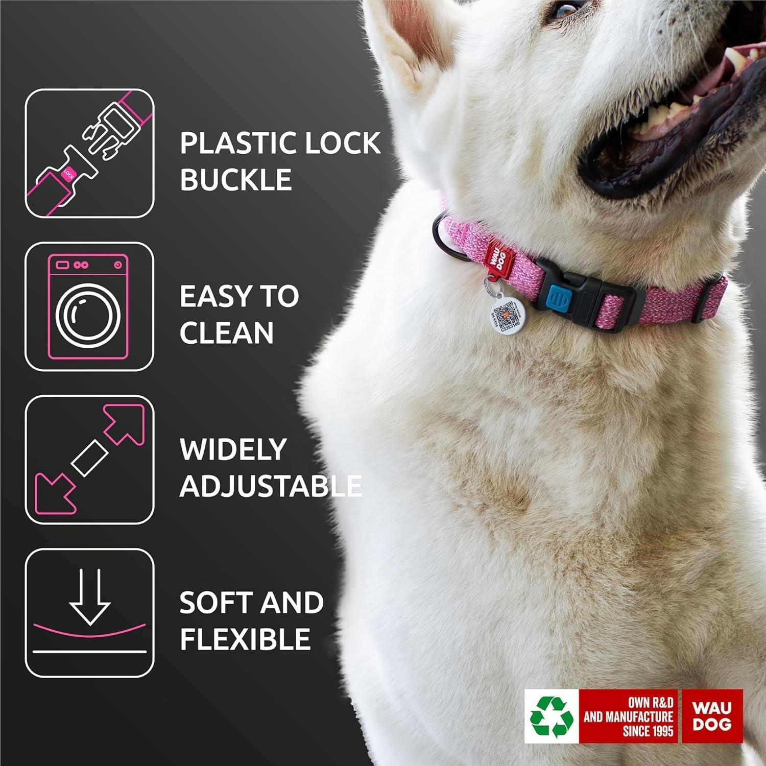 WAUDOG Reflective Cotton Dog Collar with QR ID Tag. Adjustable Eco Friendly Alternative to Nylon Collar. LARGE. Pink. For Pet With Love