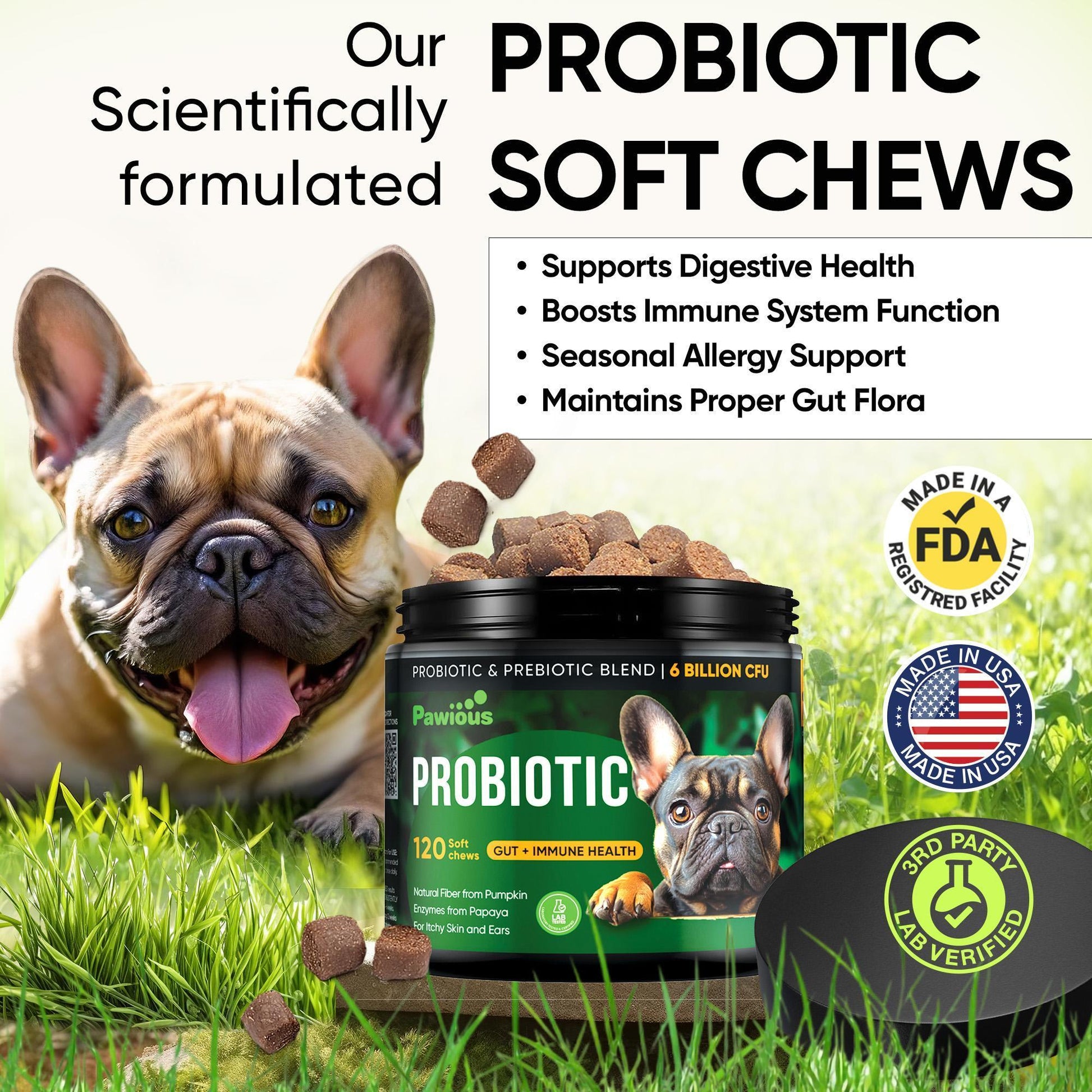 PAWIOUS Probiotics & Enzymes Digestive Health Immune Support for Dogs 120 Chews For Pet With Love