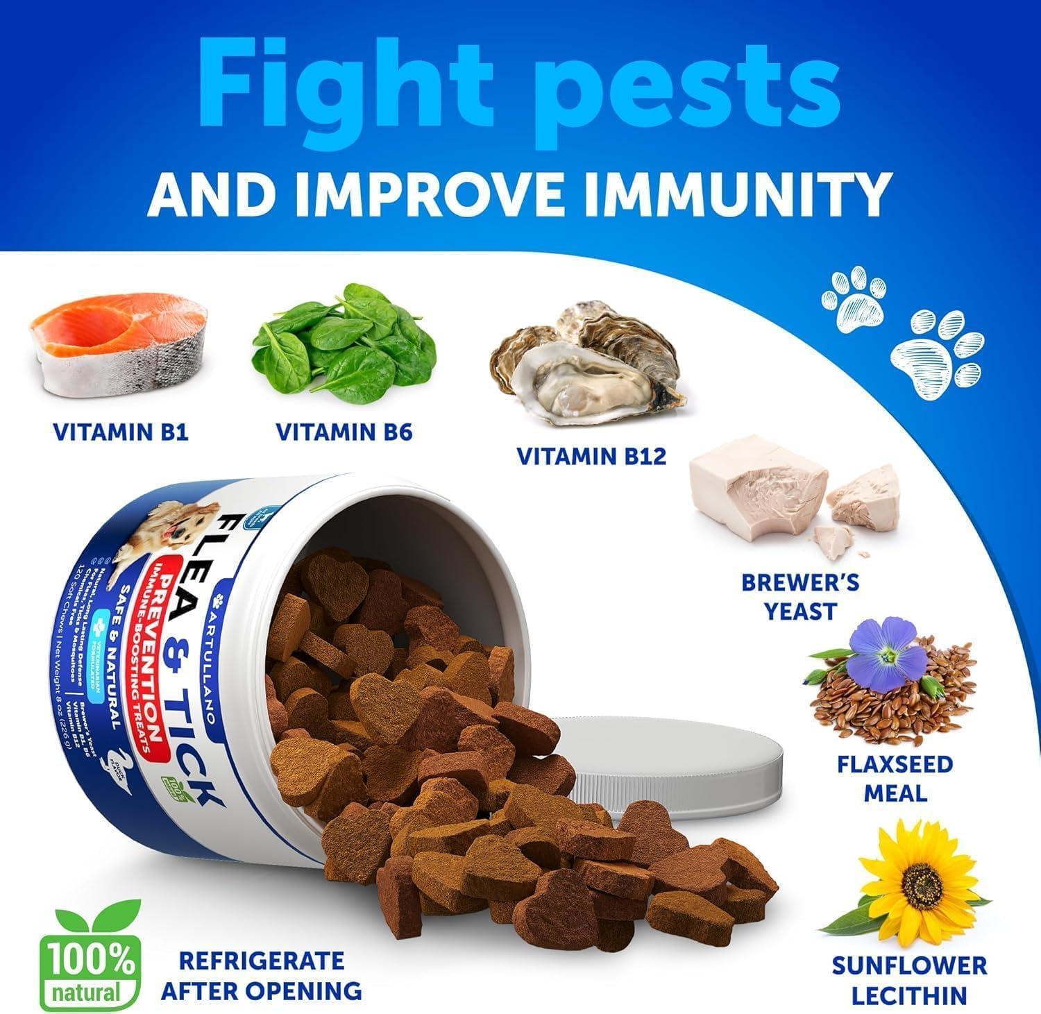 Artullano Natural Flea and Tick Supplement for Dogs. Flea and Tick Prevention Chewables with Vitamins B1, B6, B12.  Made in USA. (240 Chews. 2 Pack) For Pet With Love