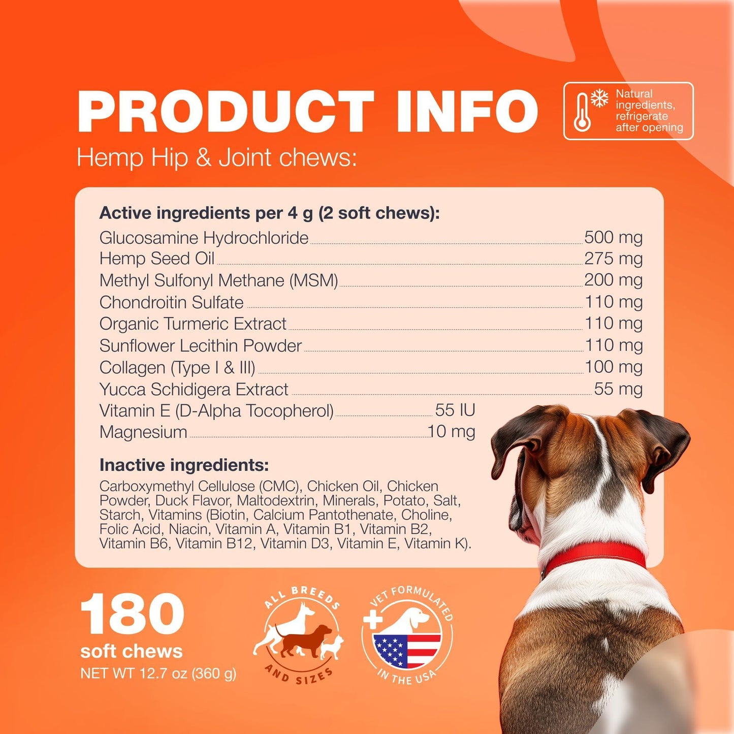 CHEWIA Hemp Glucosamine Chondroitin Hip and Joint Supplement for Dogs 180 Ct For Pet With Love