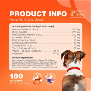 CHEWIA Hemp Glucosamine Chondroitin Hip and Joint Supplement for Dogs 180 Ct
