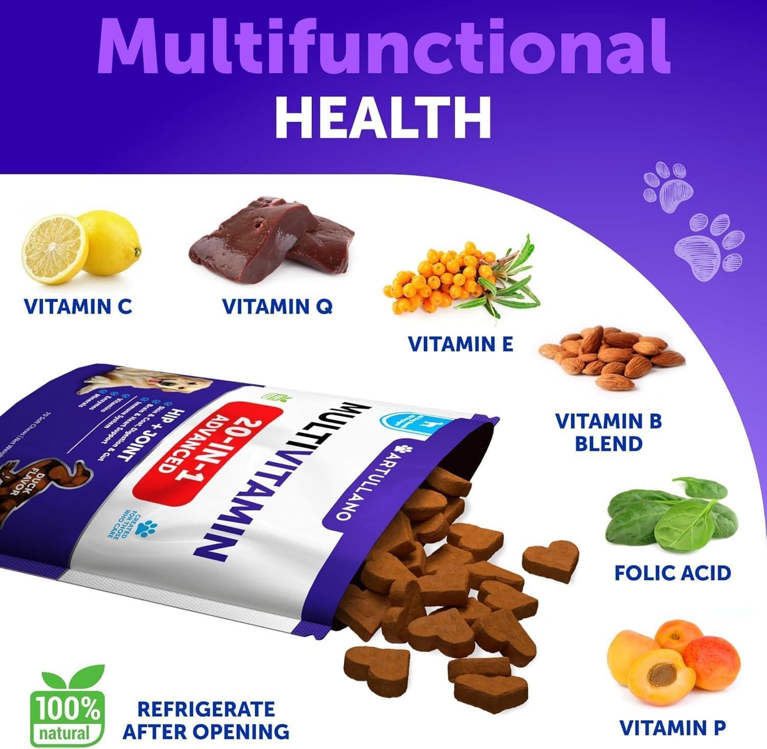 Artullano 20 in 1 Chewable Dog Multivitamin Supplement with Glucosamine. Pet Hip & Joint Support, Immunity, Mobility, Skin, Digestion Suppprt. (70 Soft Treats. Duck Flavor) For Pet With Love