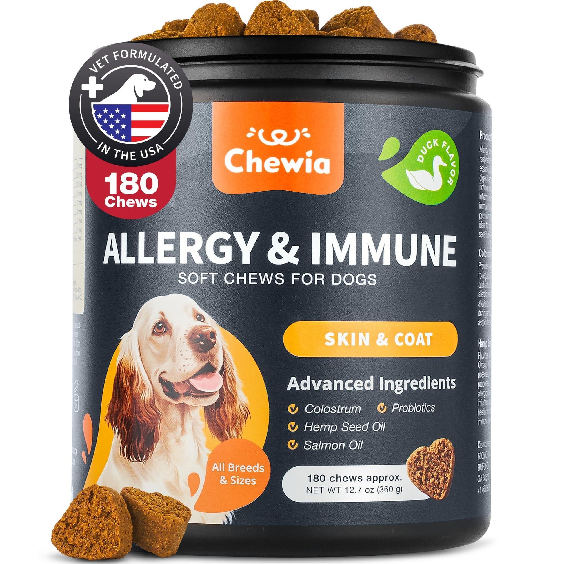 CHEWIA Dog Itch & Allergy Relief Chews with Hemp Seed Oil & Salmon Oil 180 Chews For Pet With Love