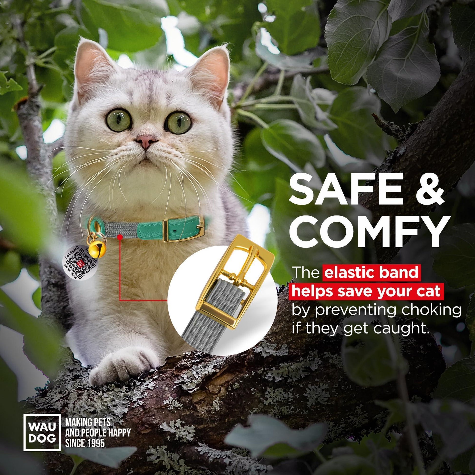 WAUDOG Ultra Soft Rolled Leather Cat Collar with Removable Bell Safety Elastic Strap and QR ID Tag. Mint Green. (Medium) For Pet With Love