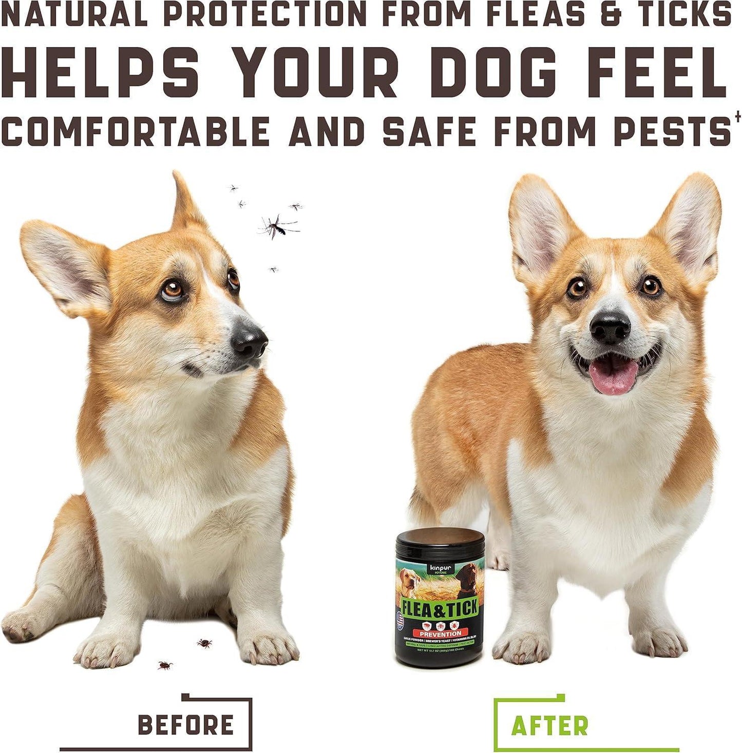 Kinpur Pet Care Flea and Tick Prevention Chewable Treatment for Dogs 180 Chews. Duck Flavor For Pet With Love