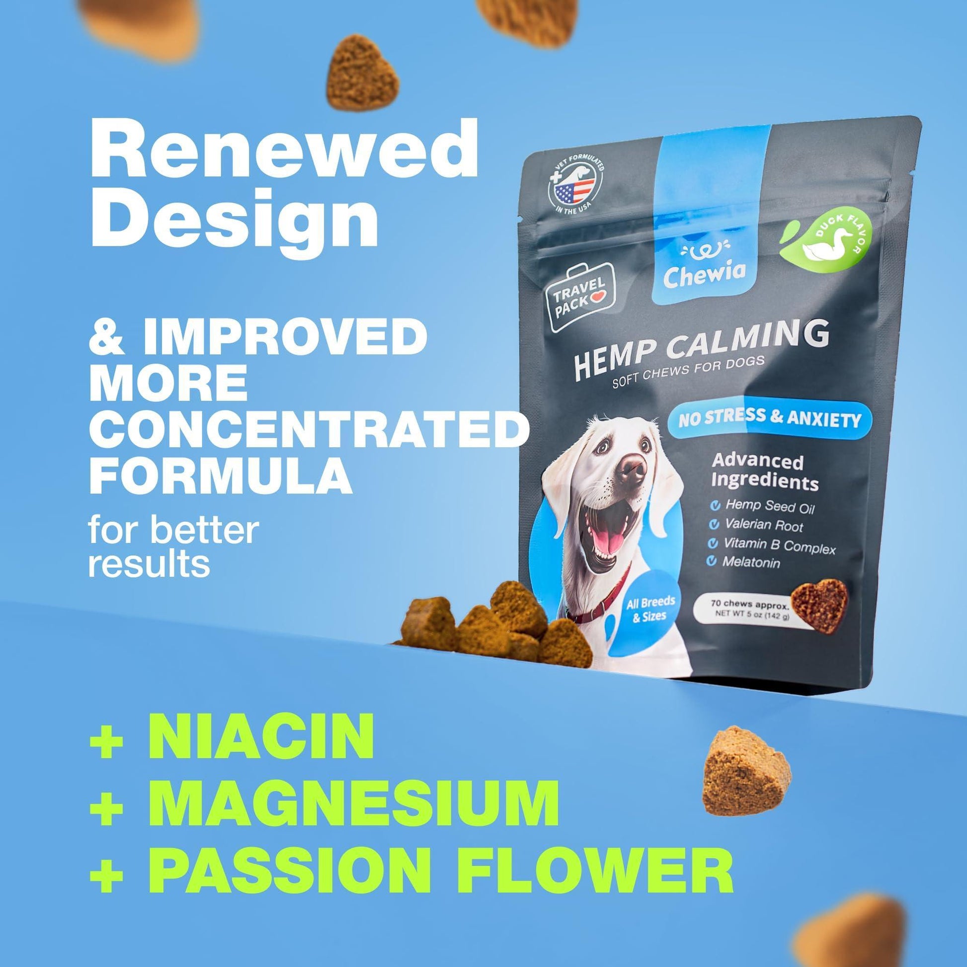 CHEWIA Hemp Dog Calming Treats Duck Flavor Travel Pack 5 Oz For Pet With Love
