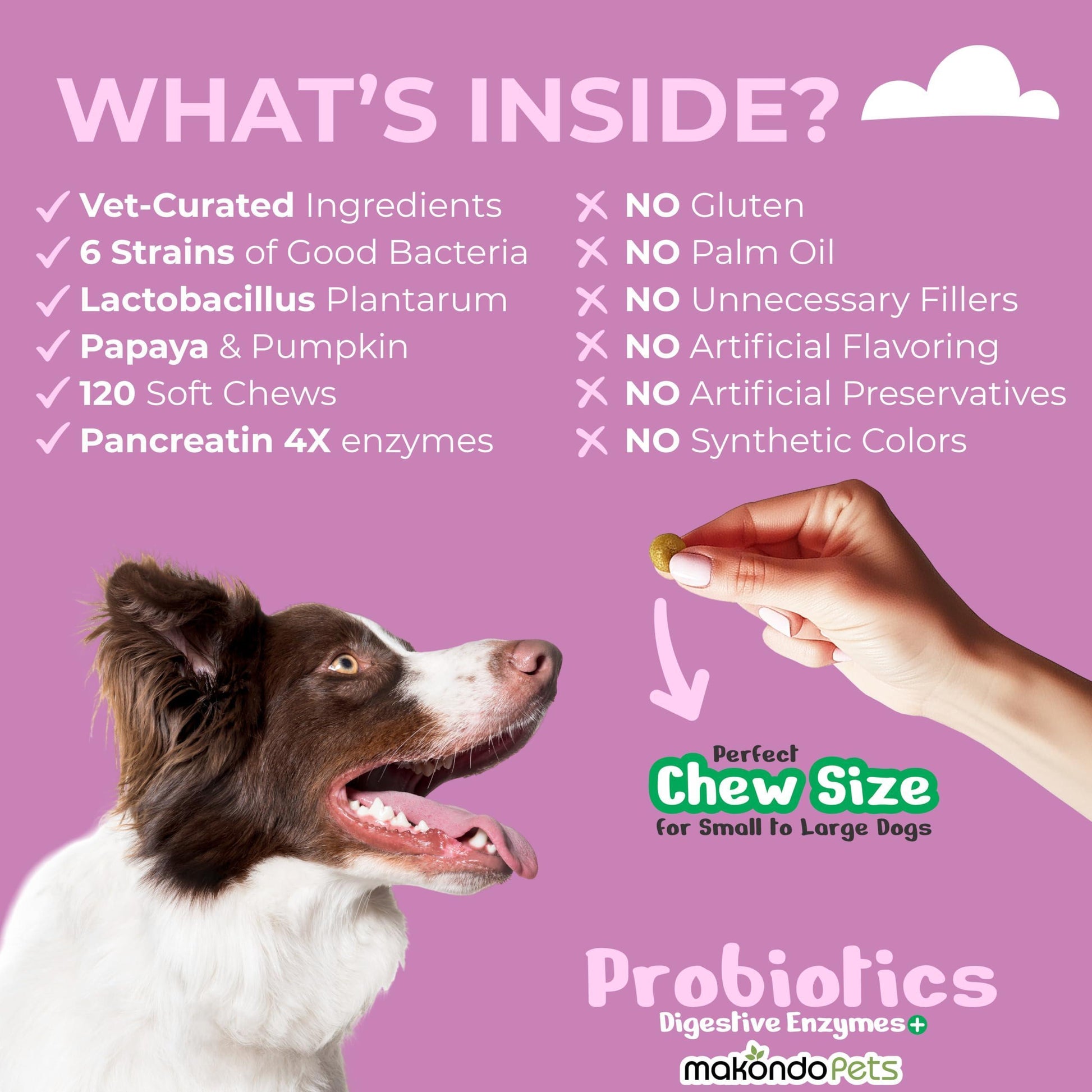 Makondo Pets Digestive Enzymes Probiotics Advanced Supplement Support for Gut Health, Gas, Diarrhea & Constipation Relief  120 Chews. Chicken Flavor For Pet With Love