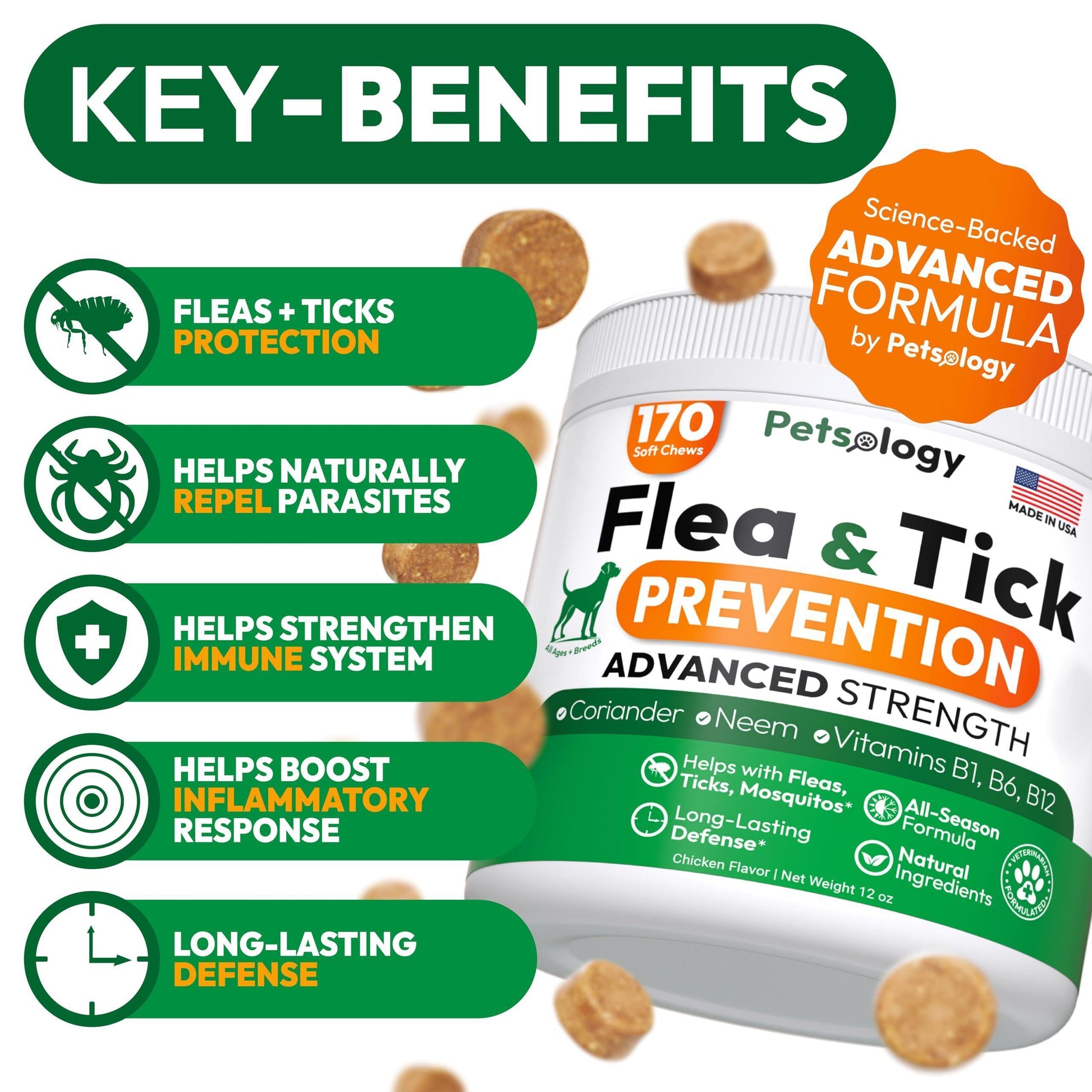 PETSOLOGY Natural  Flea and Tick Prevention Treatment for Dogs Vet Formulated Oral Defense Supplement for All Breeds & Ages 170 Soft Chews Made in USA For Pet With Love