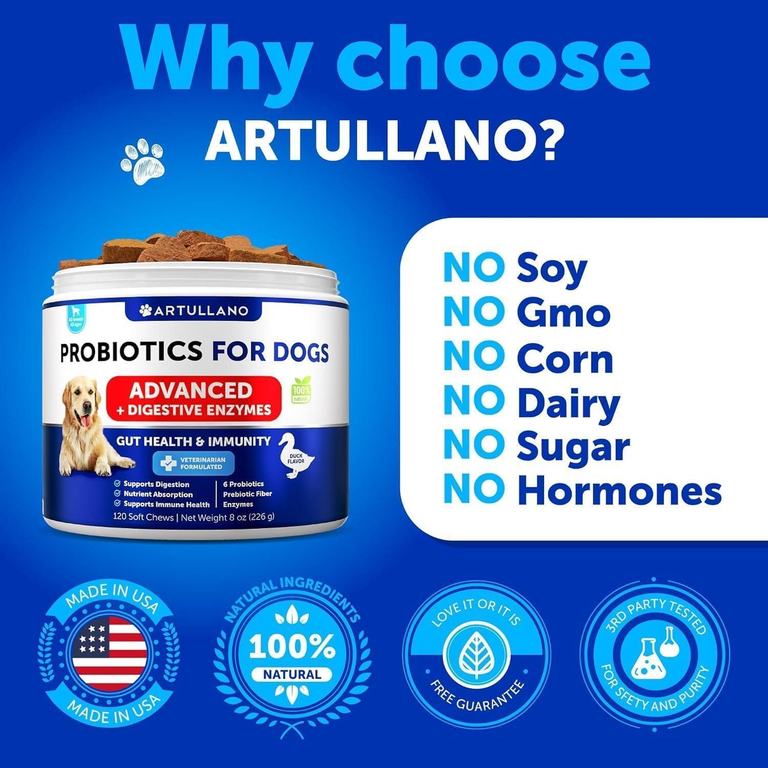 Artullano Dog Probiotics and Digestive Enzymes with Prebiotics (120 Chews) For Pet With Love