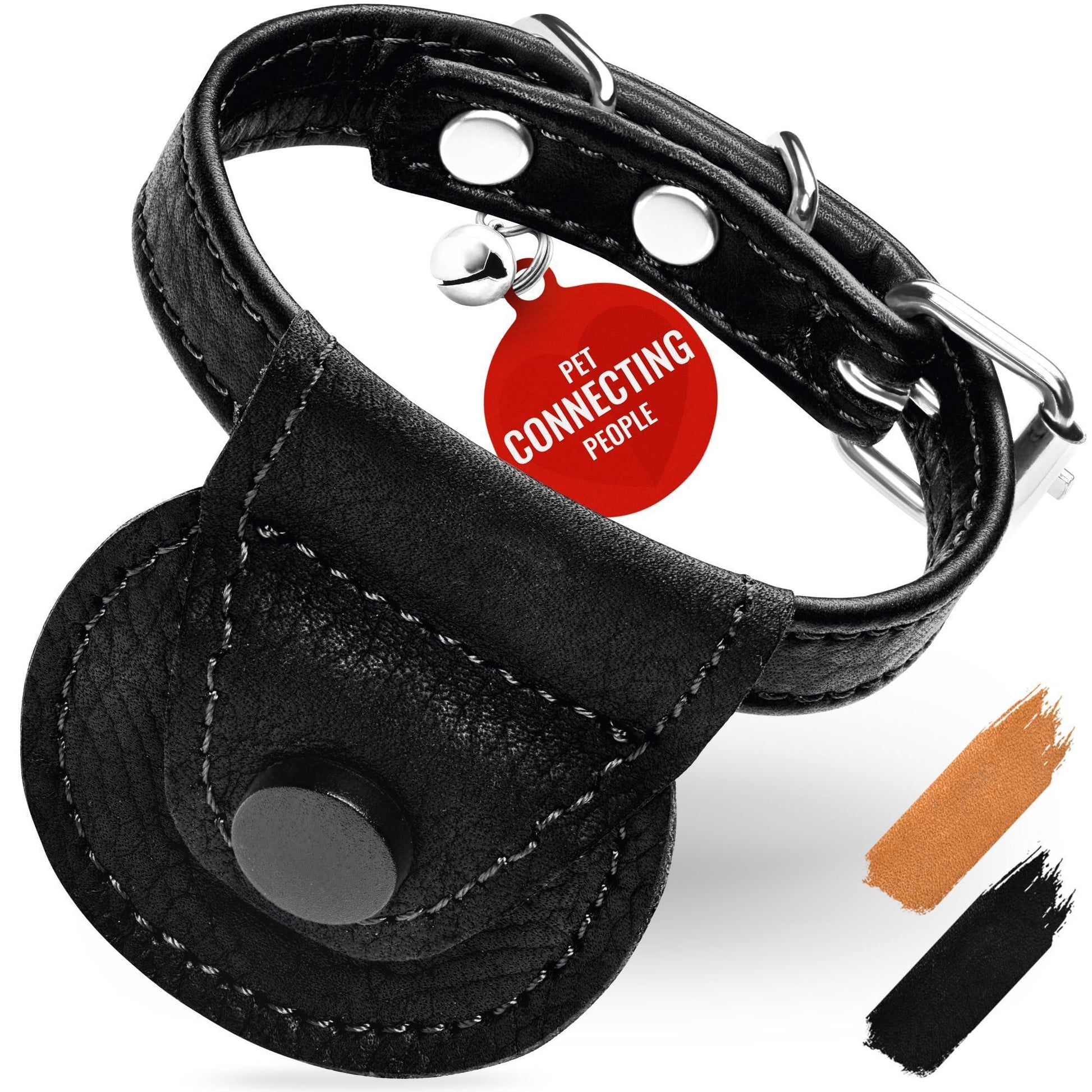 WAUDOG Leather Adjustable  Cat Collar with Airtag Holder and Removable Bell (Black. Medium) For Pet With Love