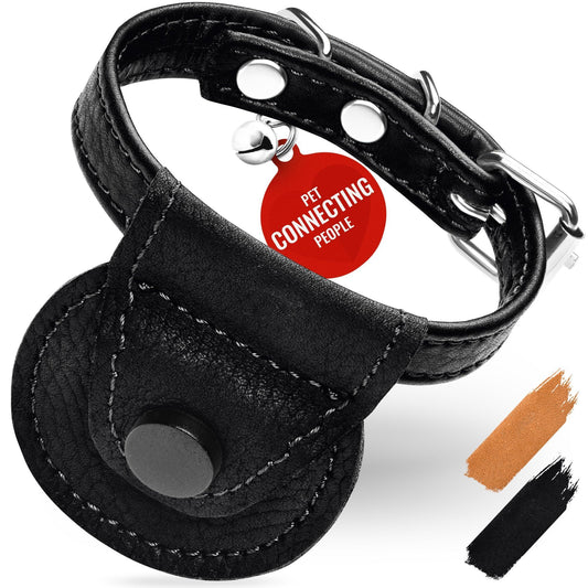 WAUDOG Leather Adjustable Cat Collar with Airtag Holder and Removable Bell (Black. Small) For Pet With Love