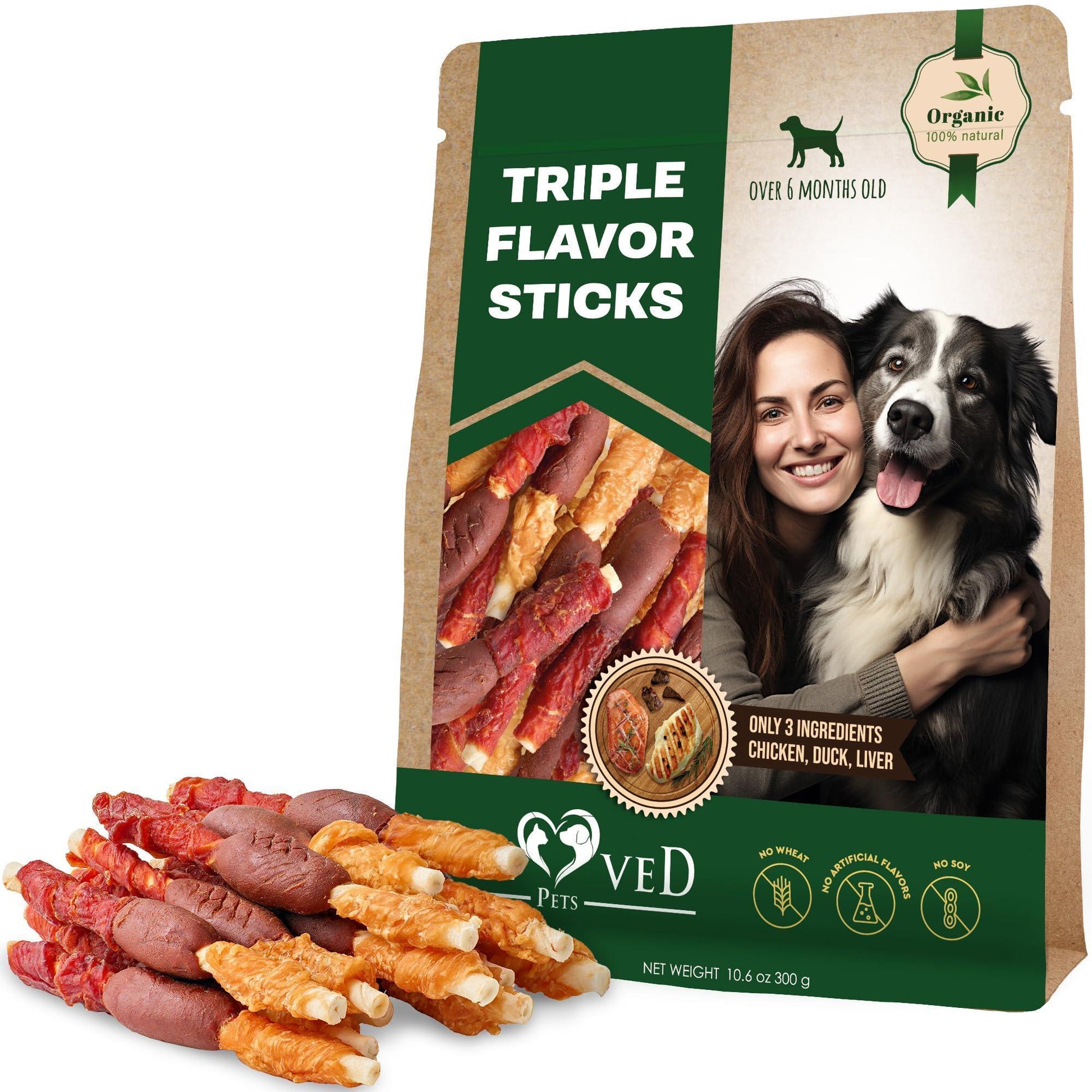 Beloved Pets Triple Flavor Rawhide Dog Treats w/Duck, Chicken & Liver 10.6 Oz For Pet With Love