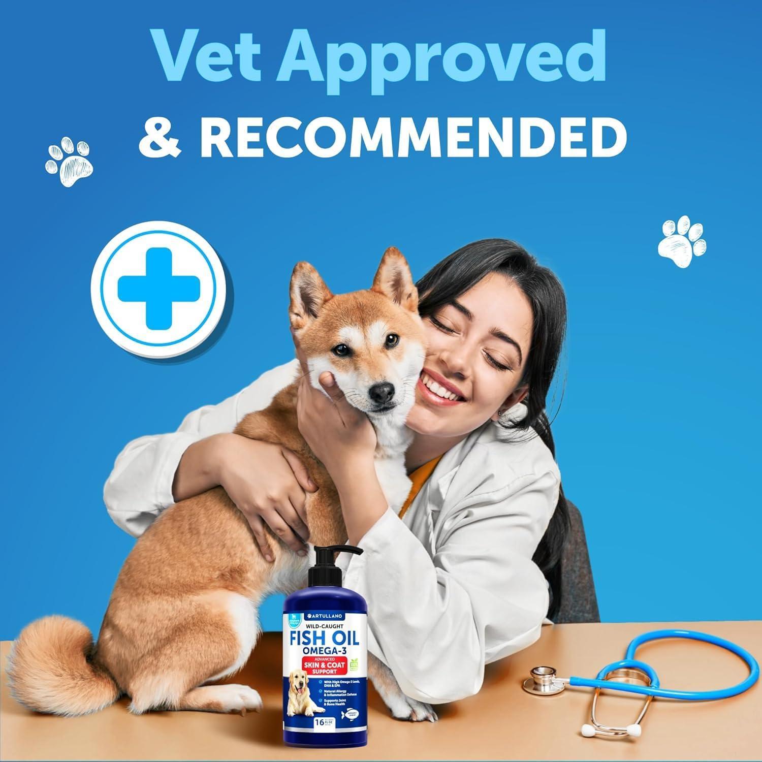 Artullano Omega 3 Fish Oil Dog Skin and Coat Defense Liquid Supplement & Allergy Relief 16 Oz For Pet With Love