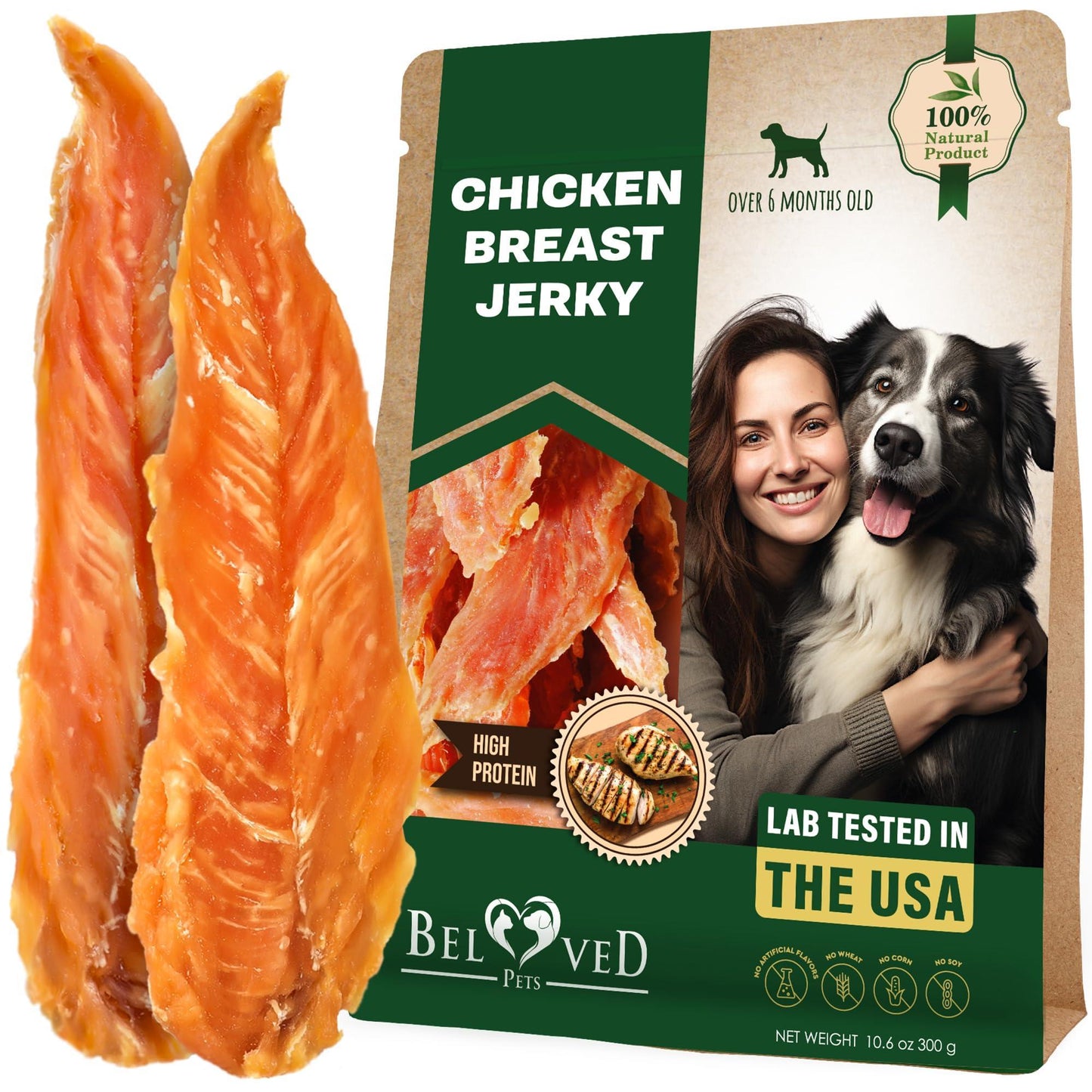Beloved Pets All Natural and Organic Healthy Snacks Chicken Breast Jerky Dog Treats. Grain Free and High Protein. Human Grade Pet Chews (300 Gram) For Pet With Love