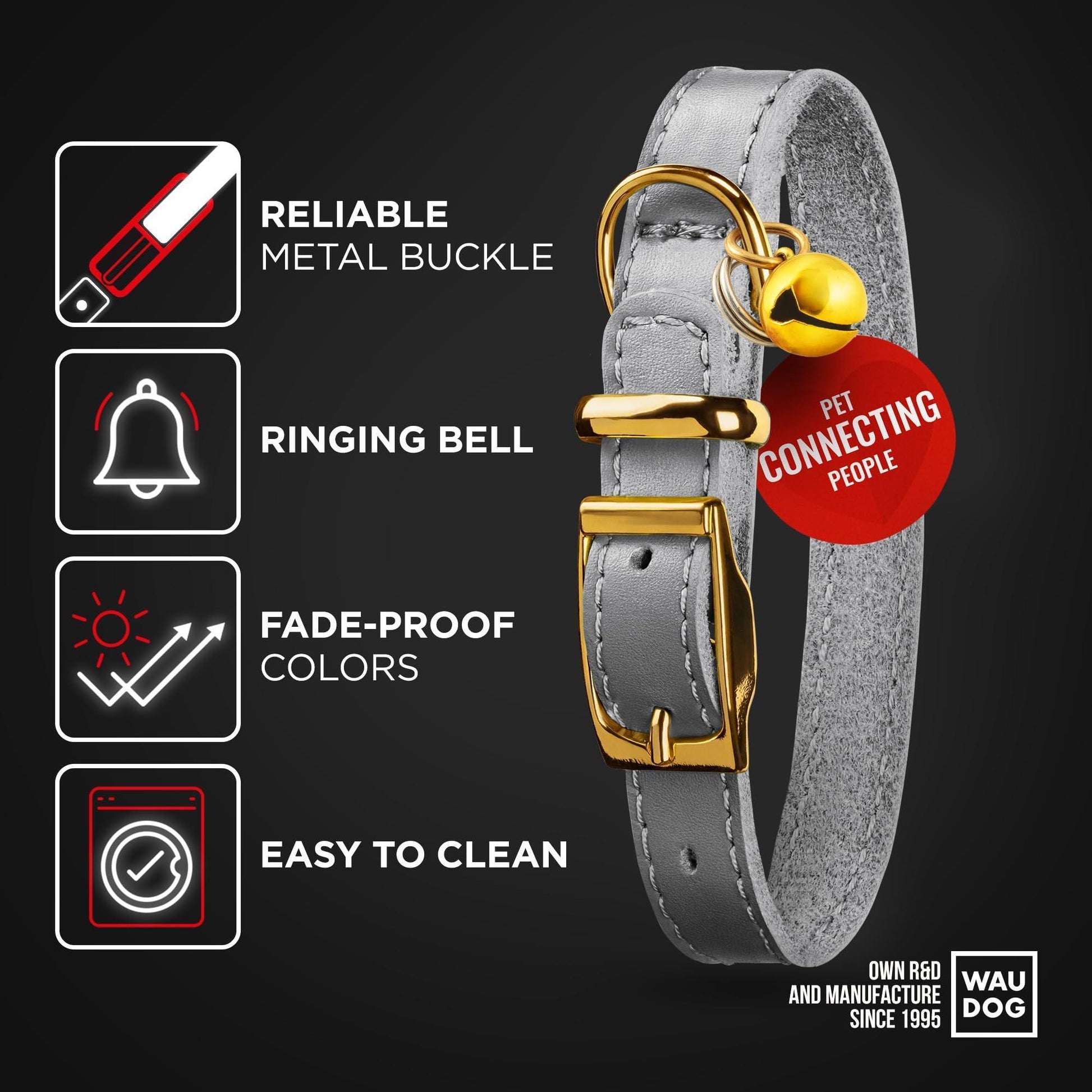 WAUDOG Leather Cat Collar with Removable Bell and QR ID Tag. GRAY. MEDIUM For Pet With Love