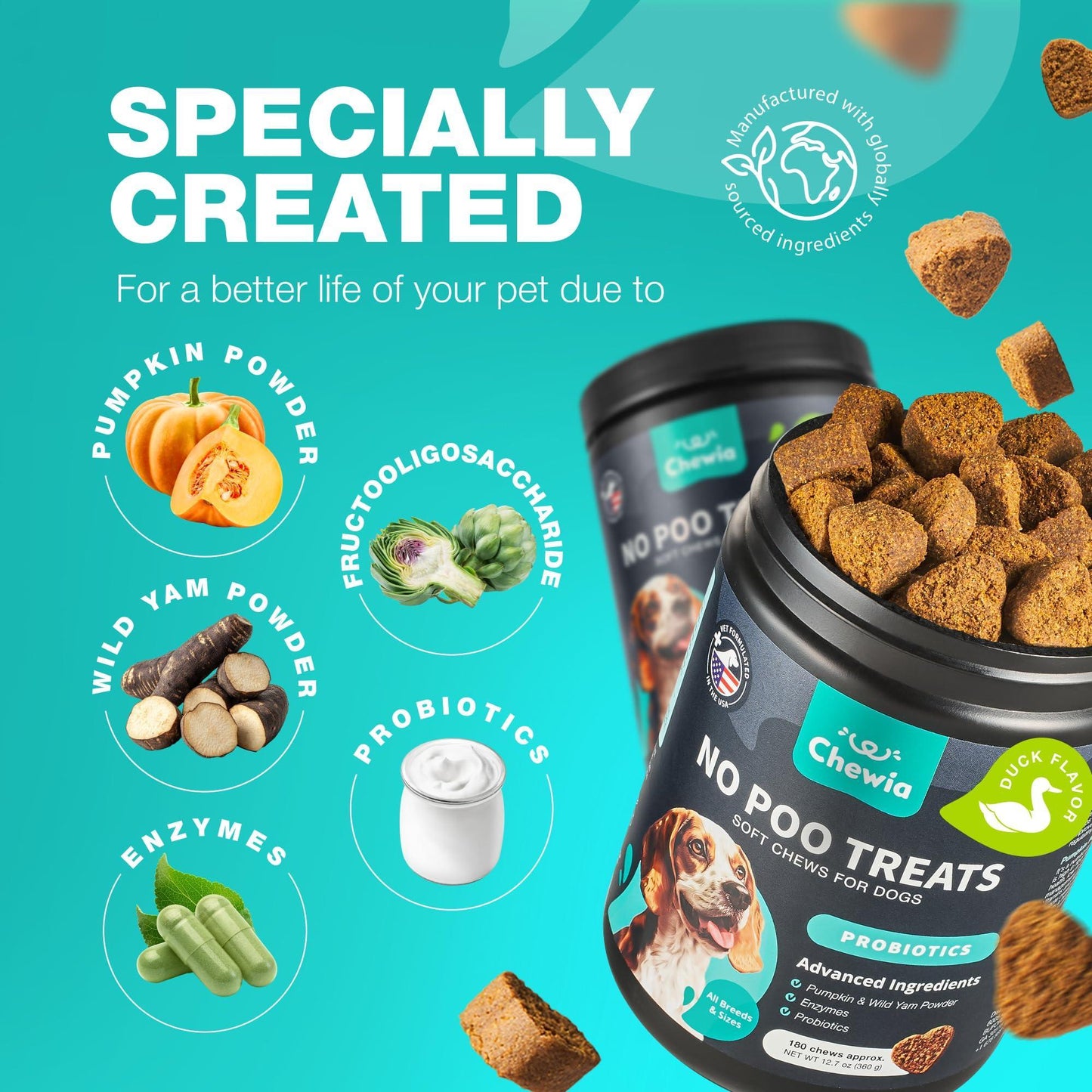 CHEWIA Digestive Gut & Immune Health Enzymes Pumpkin & Yam Powder. No Poo Soft Dog Chews. Duck Flavor. 180 Chews For Pet With Love