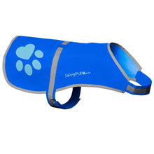 Load image into Gallery viewer, Blue dog coat with paw prints and &#39;SafetyPUP&#39; branding on a white background
