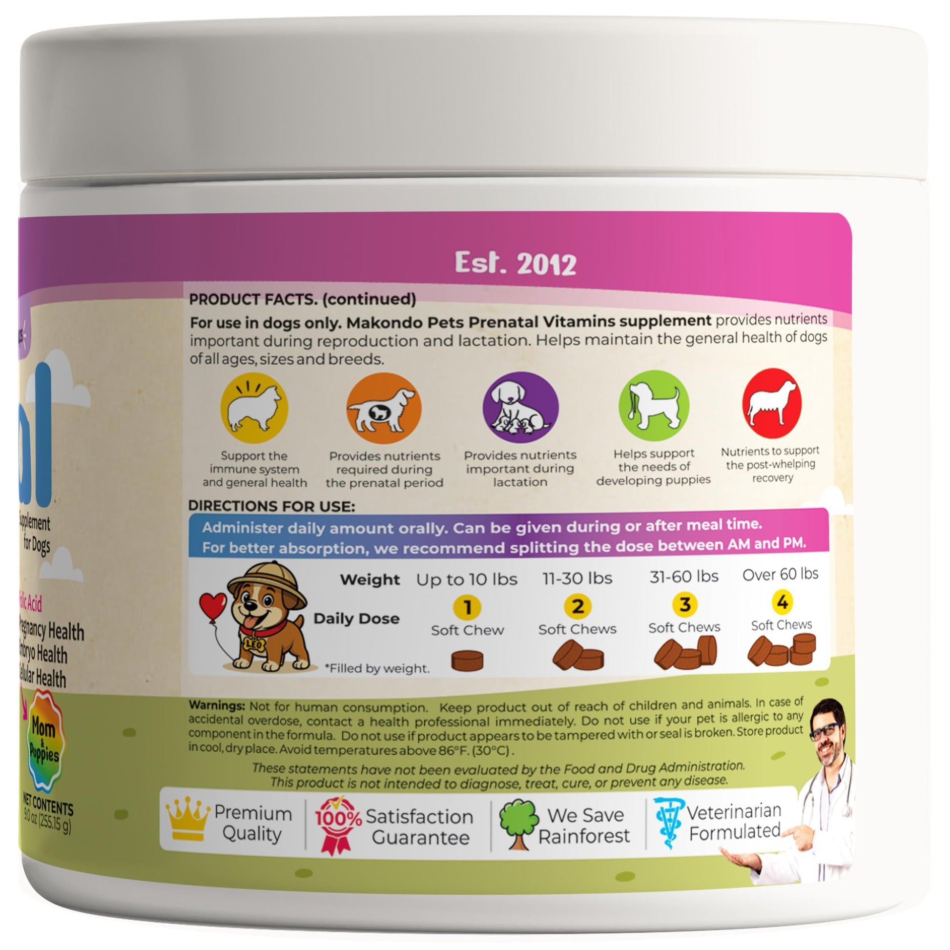 Makondo Pets Dog Prenatal Multivitamin Chews with Folic Acid, Zinc, Vitamin B Complex, DHA & EPA Omegas and Probiotics Supplement for Pregnant, Nursing, Breastfeeding Pet. Mom & Puppy Vitamin Formula. 120 Chews. Chicken Flavor For Pet With Love
