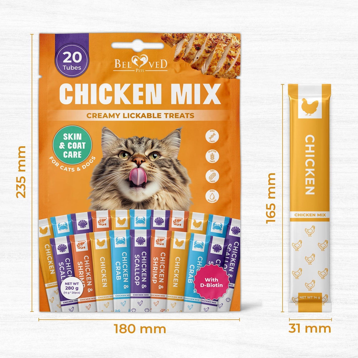 Beloved Pets Creamy Lickable Cat Treats & Wet Squeeze Tubes. Skin & Coat Care Multivitamin Treats for Cats – Chicken Mix Liquid Cat Snacks – 20 Sticks For Pet With Love